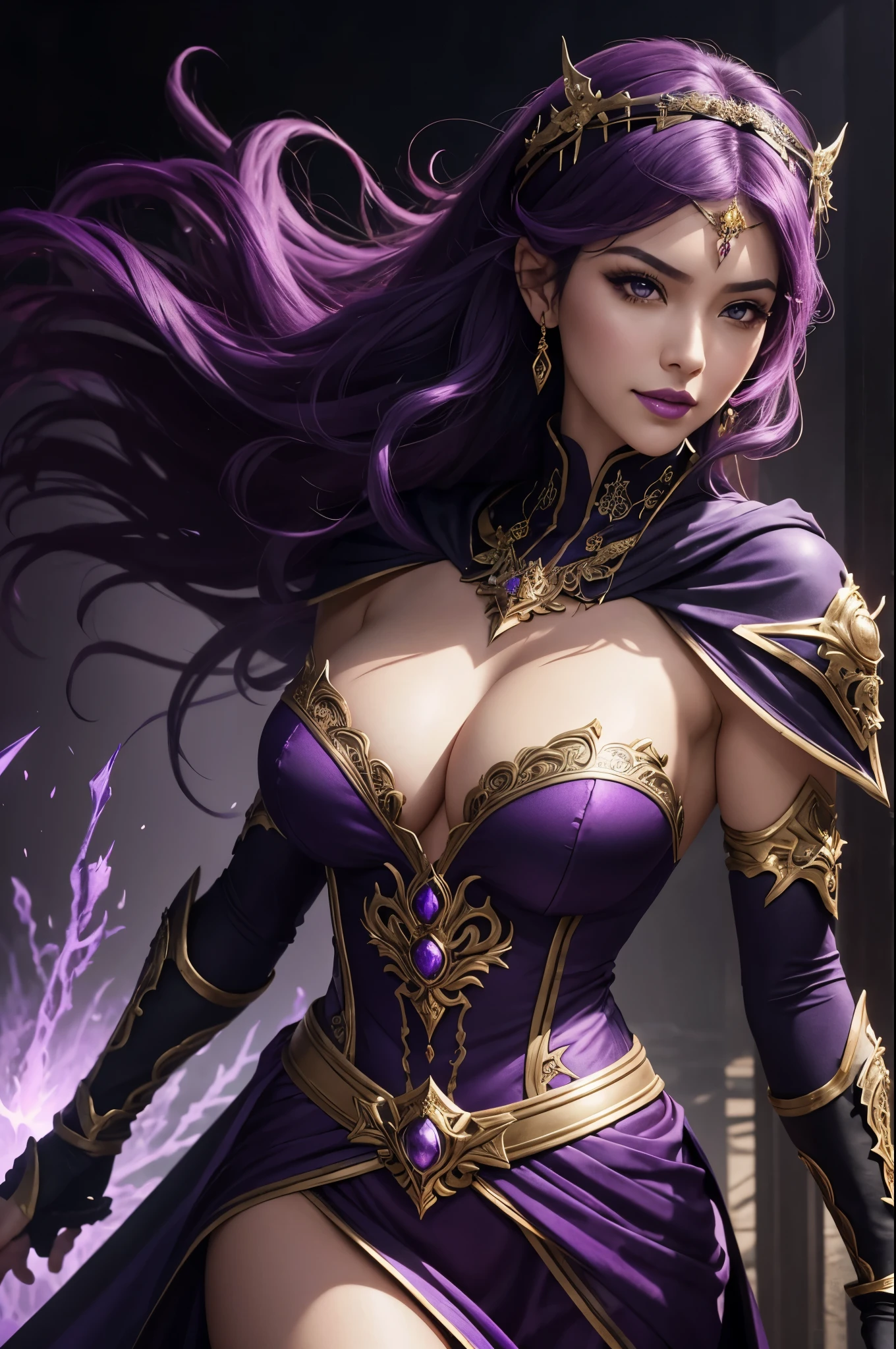 8K,Arahd woman posing for wearing luxurious purple empress dress and black cloak, empress with big breasts,Super beauty(Like the real thing),A sexy,bright purple curly hair,Beautiful purple eyes,Purple Lipstick,rose flower headband,gorgeous purple rapier,very detailed Artgerm, wlop and ArtGerm, Style ArtGerm, in the Style ArtGerm, style ivan talavera and artgerm, as seen on artgerm, 8k high quality detailed art, ! Dream ArtGerm,A sexyな衣装,direct your gaze to seduce the viewer,cool smile,A purple and gold gauntlet on his arm,purple and black long skirt,make - up,Empress's elegance,Equipped with a thorn whip on the waist,combat scene,action scene,Fantasyart,character art,Precise heraldic work,