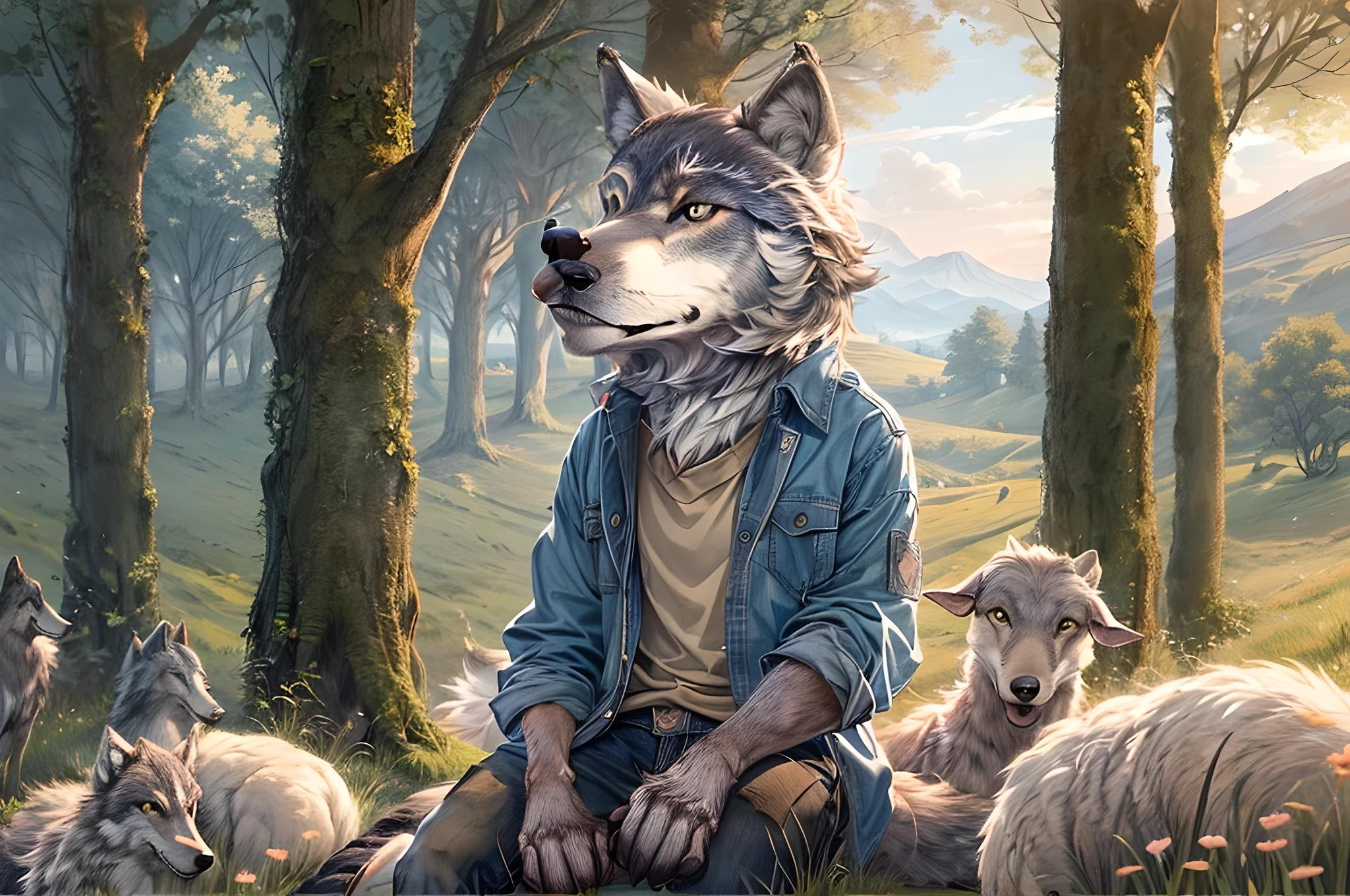 a picture of an (anthropomorphic wolf: 1.4) herding sheep in the meadows, an anthropomorphic wolf, wearing ref shirt, blue jeans, sitting on the hill, smiling watching the sheep in the meadows, its dawn, the sun is rising, (best quality)), ((masterpiece)), (detailed), perfect face