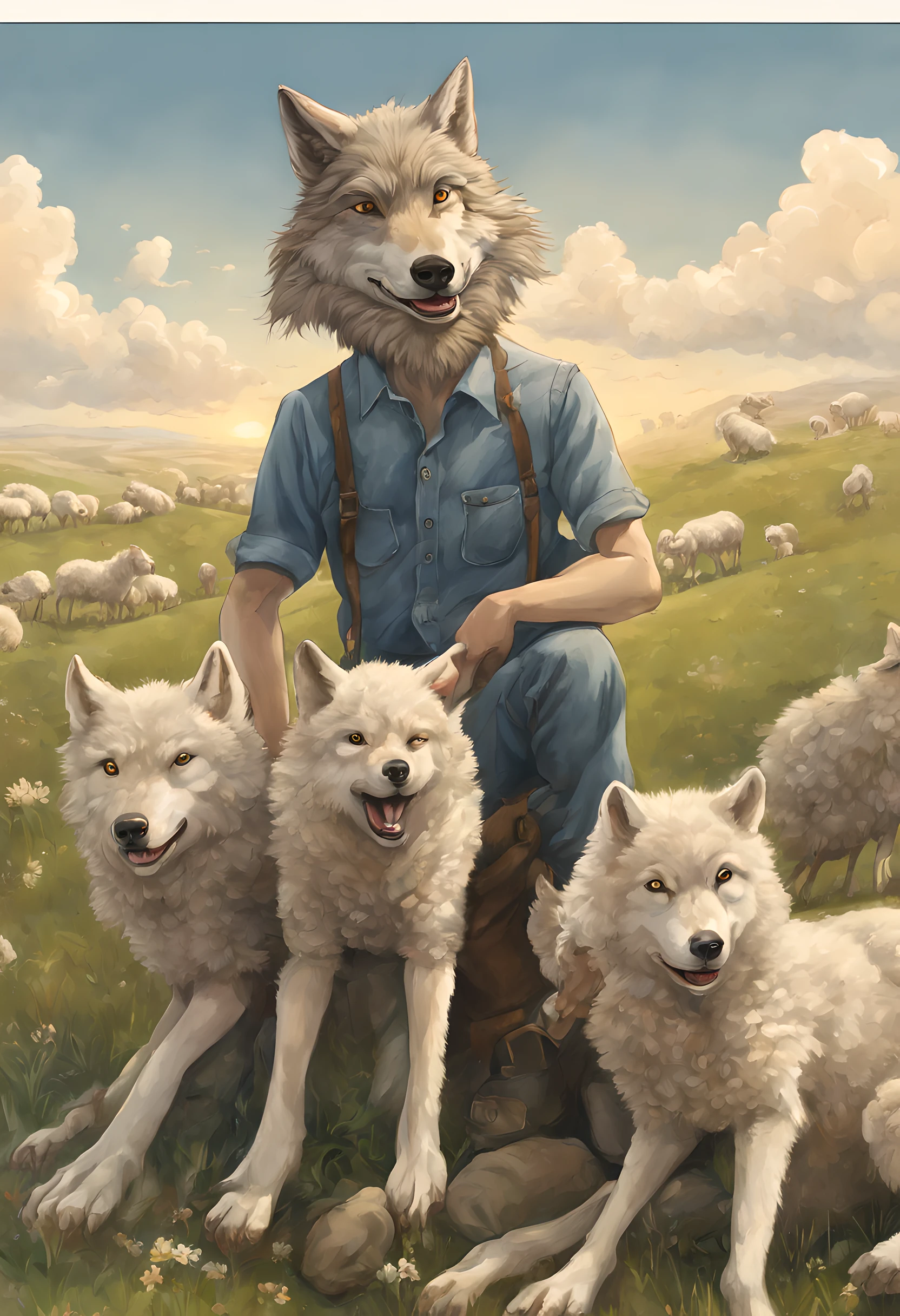 a picture of an (anthropomorphic wolf: 1.4) herding sheep in the meadows, an anthropomorphic wolf, wearing ref shirt, blue jeans, sitting on the hill, smiling watching the sheep in the meadows, its dawn, the sun is rising, (best quality)), ((masterpiece)), (detailed), perfect face