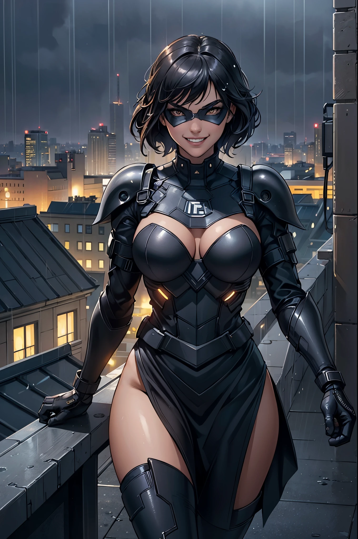 (best quality:1.3), (masterpiece:1.1), (ultra-detailed:1.2), 1girl, solo, detailed background, on rooftop, night, light, rain, anti-hero, dc-style mask, grin