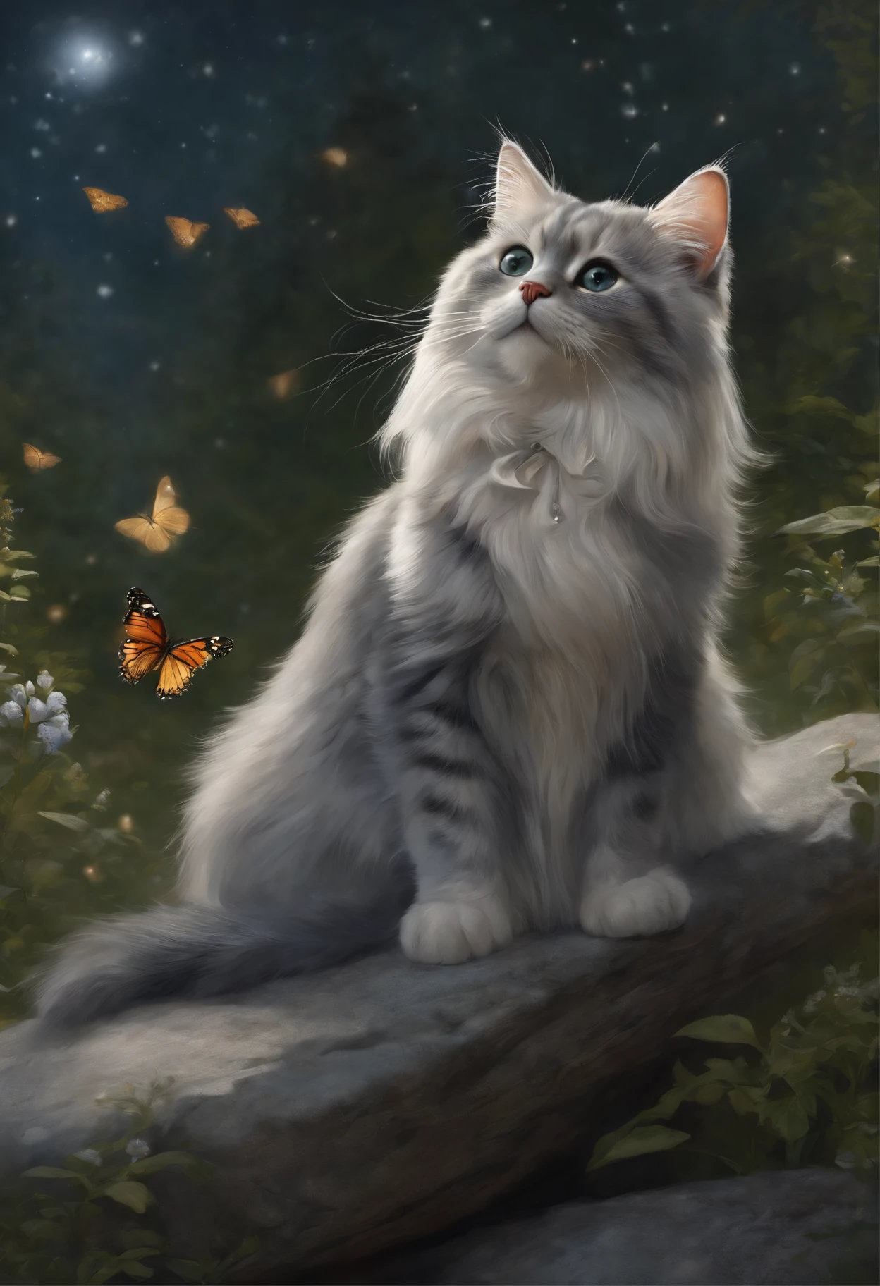 ,Drawing with a cat, sitting on a stone in the snow, butterfly in the sky, butterflies fly into the sky, cat looks at butterflies, a starry sky, inspired Mark Keatley, Anthropomorphic Great Maine, Brian Thomas, by Cynthia Sheppard, Beautiful picture of high, close portrait, magali villeneuve', Heather Theurer, Mark Keatley, Portrait of a cat, Lisa Parker, Thomas Kinkade, blue siberian forest cat,    painting by Jean-Baptiste Monge, anthropomorphic --ar 2:3 --testp -optimistic;  Straight hair