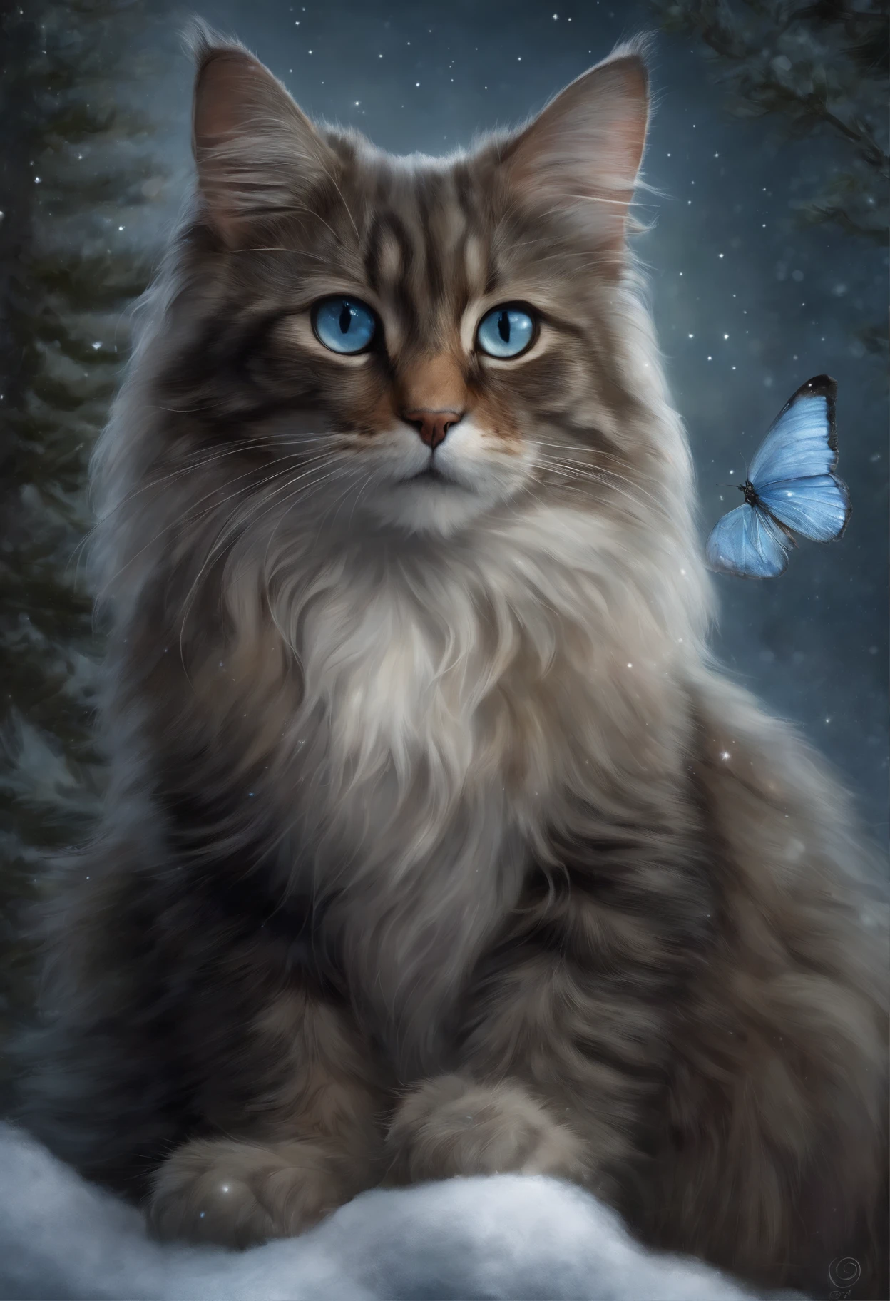 ,Drawing with a cat, sitting on a stone in the snow, butterfly in the sky, butterflies fly into the sky, cat looks at butterflies, a starry sky, inspired Mark Keatley, Anthropomorphic Great Maine, Brian Thomas, by Cynthia Sheppard, Beautiful picture of high, close portrait, magali villeneuve', Heather Theurer, Mark Keatley, Portrait of a cat, Lisa Parker, Thomas Kinkade, blue siberian forest cat, painting by Jean-Baptiste Monge, anthropomorphic --ar 2:3 --testp -optimistic; Straight hair