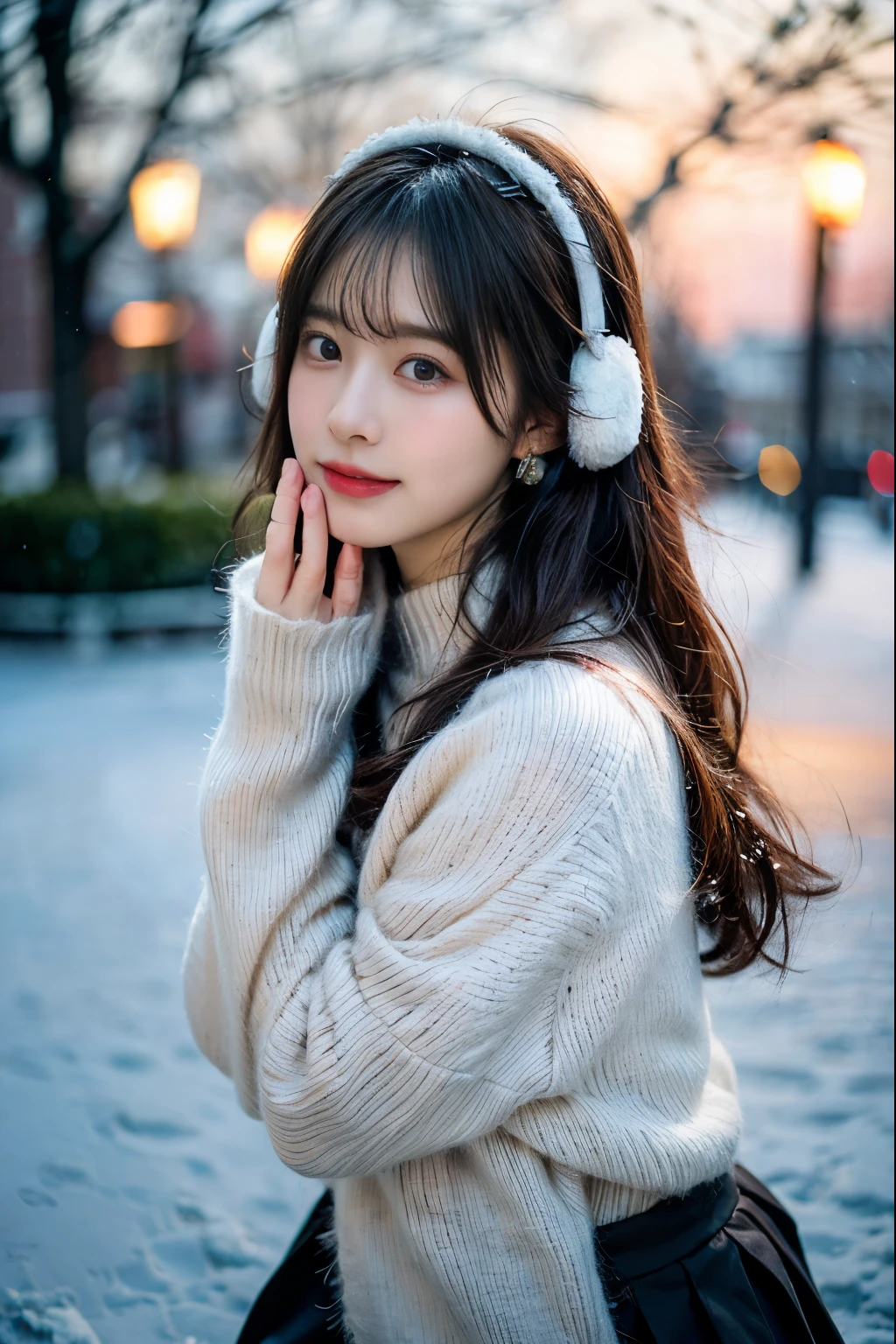 (8K, Raw photo, Best Quality, masutepiece), Ultra High Resolution, (Realistic, photo-Realistic), 1girl in, Smirking expression, Solo, Black hair, Professional Lighting, Detailed Lighting, Backlight, depth of fields, Natural lighting, Sharp Focus, 2 meters focusing distance, Professional photo shoot, Detailed eyes, Realistic eyes, detailed shadow,(fluffy earmuffs:1.1), (pastel colored sweater:1.2), (pleated skirt:1.0), (thick tights:1.1), (rosy cheeks:1.1), (playful pose:1.0), (winter wonderland background:1.3), (muffler wrapped snugly:1.3)
