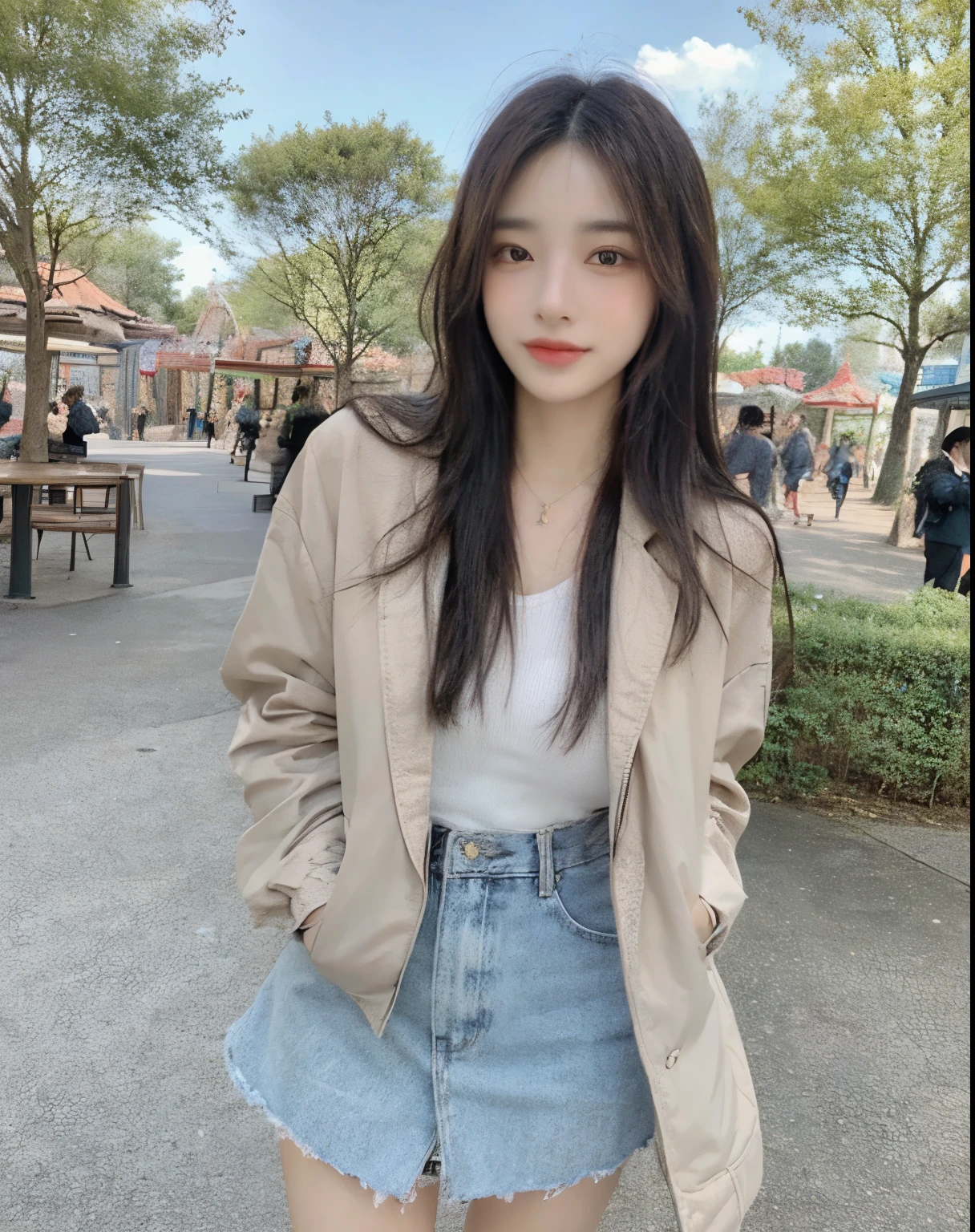 (((Best Quality, 8K, Masterpiece: 1.3,)), high-definition facial features, delicate facial feature, 1girl, Slim Abs Beauty: 1.3, ((long hair, natural hair)), ((((wearing outfit with a jacket)))), Fine Face, (((Delicate Eyes))), Double Eyelids, smiling, looking at the viewer, ((full body 1.5)), (((theme park))), ((((natural background)))), (standing), bare legs