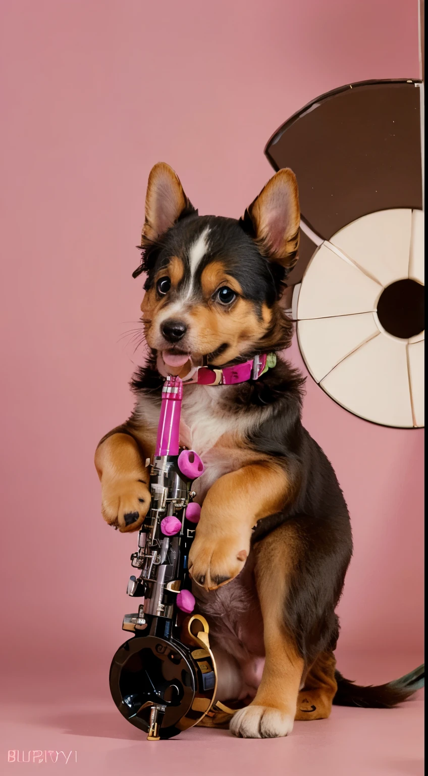 (puppy playing clarinet),illustration,adorable puppy,cute little dog,brown fur,curly tail,big floppy ears,playing clarinet comically,colorful background,funny expression,(best quality,highres),(vivid colors),(playful:1.1),(cartoon:1.2),(whimsical:1.1),(bright and cheerful:1.1),(soft lighting:0.9)