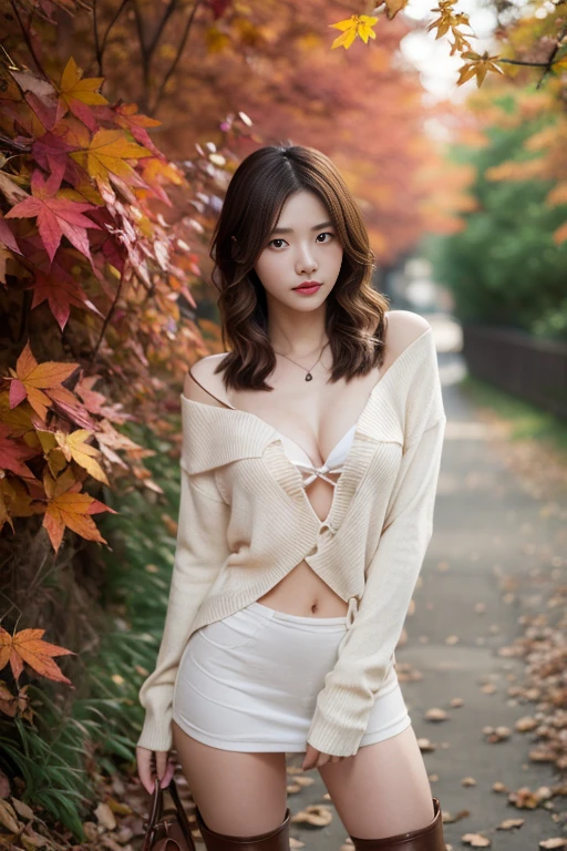 8K分辨率, Ultra-high-definition CG images, Autumn leaves at night🍁, Moonlight, Long Focus, 1girl in, 20yr old, detailed beautiful faceangs braid, bronze:1.4), (stop hair:1.4), (Autumn coordination), a miniskirt, long boots, variation color, Pointed chest, Beautiful chest line, Pendants, Detailed beautiful eyes, bright red autumn leaves, Maple tunnel, depth of fields, absurderes, 24K Graphic Arts, Carefully drawn background, Composition with depth,