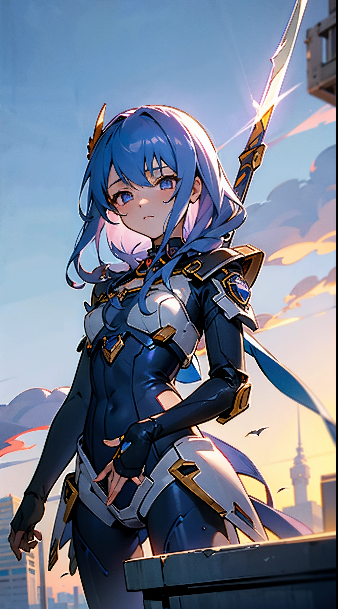 High Definition, skyporn, Super cute girl, Clouds, Spear weapons, blazing, Cutting-edge girl robot, building, Glowing eyes, State-of-the-art mechanics, Science fiction, city, Real, Blue Main Mecha, Chest core,Like Poseidon,