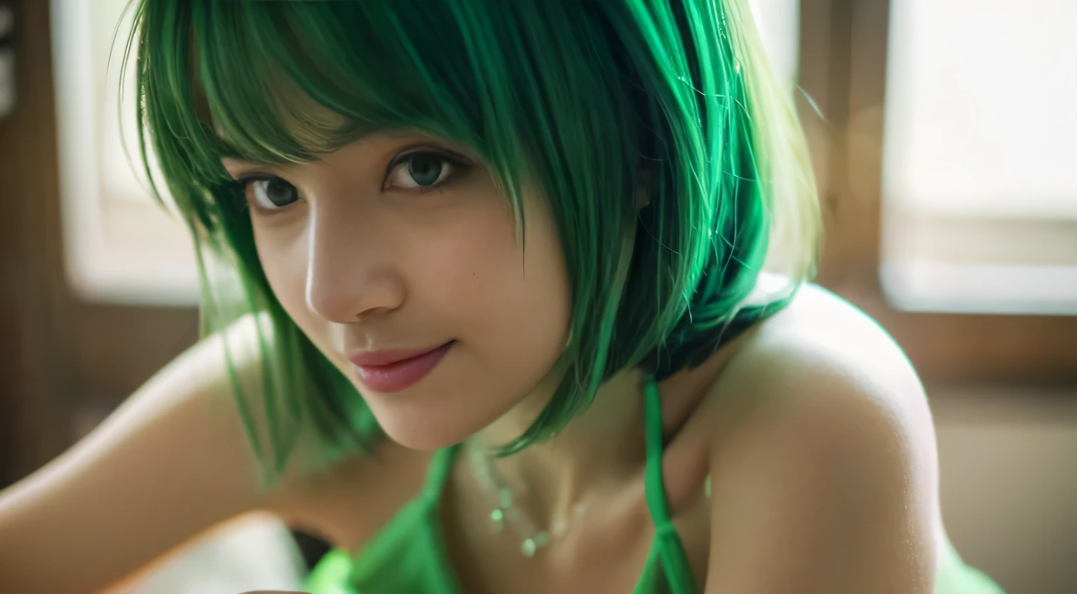 Best Quality, 4K, 8K, hight resolution, masutepiece:1.2 ,Ultra-detailed, Realistic, photoRealistic, photo-Realistic:1.37, Cinematic lighting, Beautiful detailed glow, Dynamic Angle, Shallow depth of field, Light leak, amazing, Intricate details, Green hair, Wearing a green bra, {{Small breasts}}, Shy smile, Fine Art, 年轻 , NSFW,