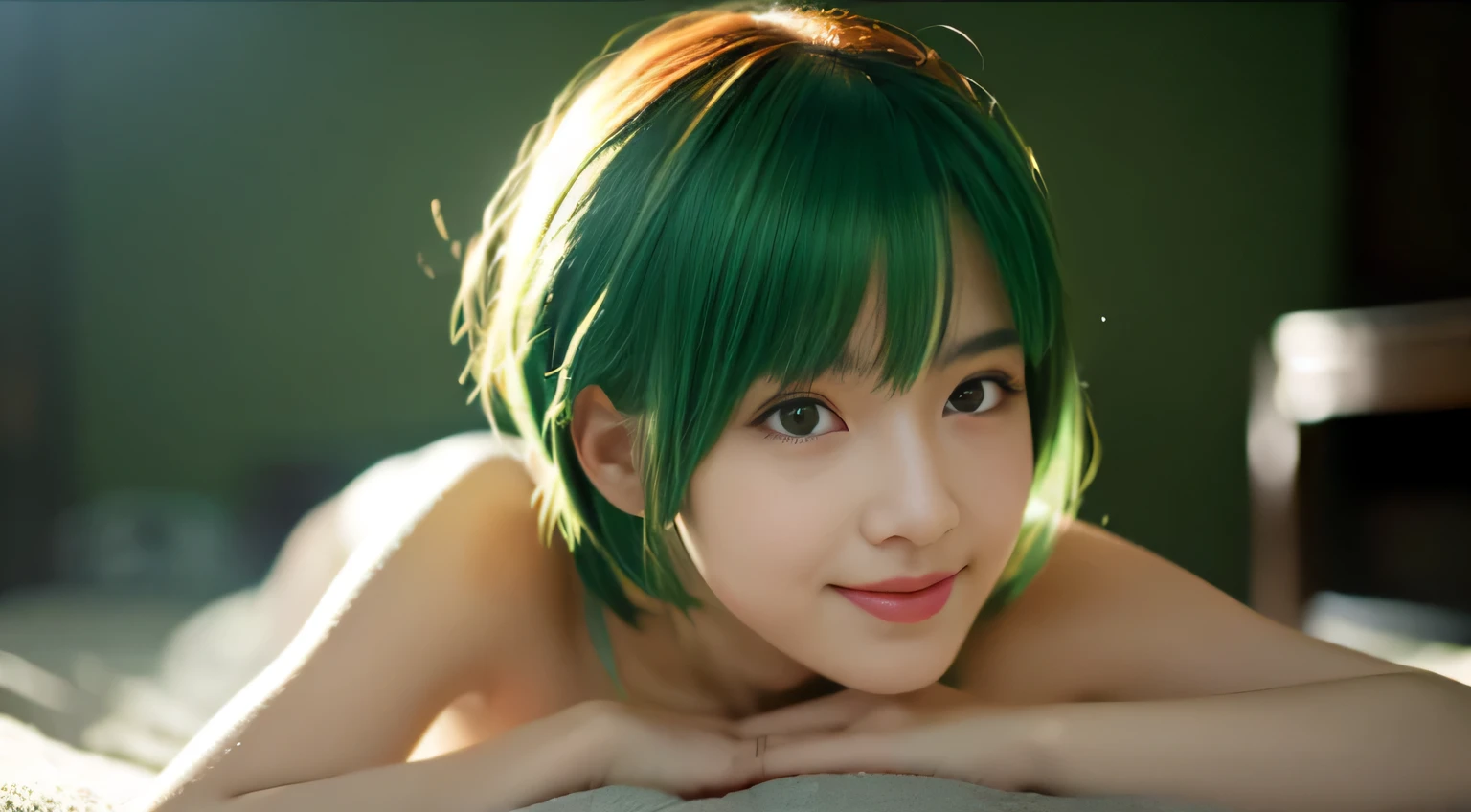 Best Quality, 4K, 8K, hight resolution, masutepiece:1.2 ,Ultra-detailed, Realistic, photoRealistic, photo-Realistic:1.37, Cinematic lighting, Beautiful detailed glow, Dynamic Angle, Shallow depth of field, Light leak, amazing, Intricate details, Green hair, Wearing a green bra, {{Small breasts}}, Shy smile, Fine Art, 年轻 , NSFW, on  back,