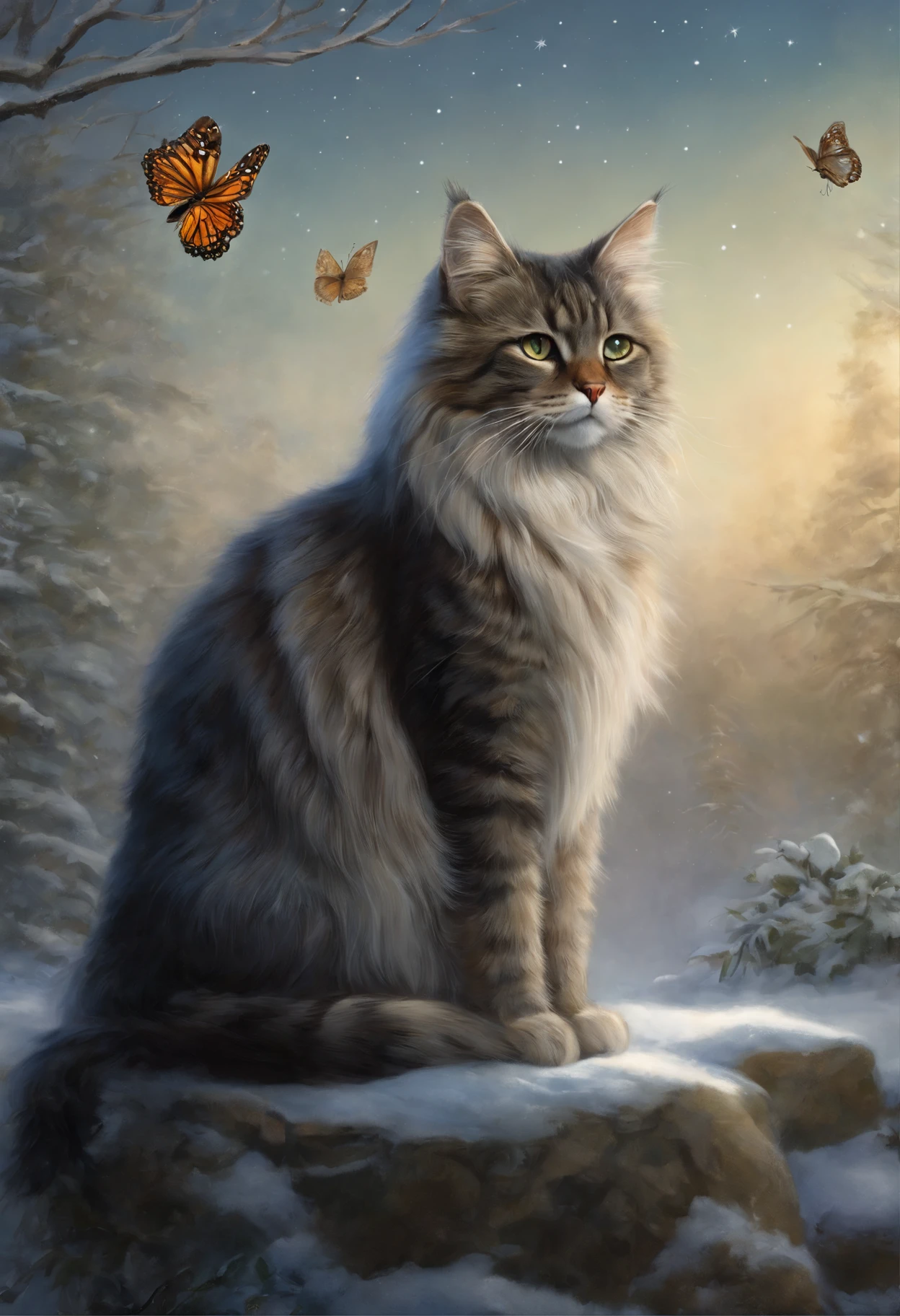 ,Drawing with a cat, sitting on a stone in the snow, butterfly in the sky, butterflies fly into the sky, cat looks at butterflies, a starry sky, inspired Mark Keatley, Anthropomorphic Great Maine, Brian Thomas, by Cynthia Sheppard, Beautiful picture of high, close portrait, magali villeneuve', Heather Theurer, Mark Keatley, Portrait of a cat, Lisa Parker, Thomas Kinkade, blue siberian forest cat, painting by Jean-Baptiste Monge, anthropomorphic --ar 2:3 --testp -optimistic; Straight hair
