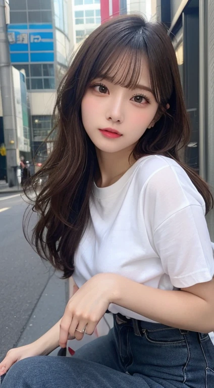 finely detail, hight resolution, hightquality、Perfect dynamic composition, Beautiful detailed eyes, A dark-haired、Long Hair、beautiful hairl、Natural Color Lip,Kamimei、Shibuya、20 years girl、1 persons、Transparent skin、Glowing hair、masutepiece, Best Quality, Ultra-detailed, finely detail, hight resolution, 8K、The correct state of the human body、crouching down、Gravure Model Pose，Photographed with hair fluttering in the wind,((White Oversized Y-Shirt:1.5,Don't wear pants:1.5,))