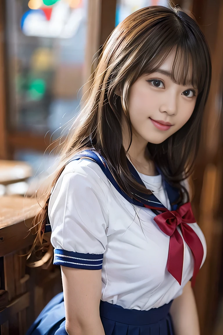 (((Draw only one woman: 2))), Beautiful 18 year old Japan woman, (A high school girl wearing a sailor uniform with short sleeves and a ribbon: 1.5), (Japan strict girls' school sailor uniform), ((Body-fitting sailor suit:1.5)), ((Big breasts in uniform'It's going to explode:1.5)), ( High school girl sitting in the church pew: 1.2), (Beautiful and elaborate stained glass on the background: 1.5), ((1screen)), in 8K, RAW shot, top quality photo, masutepiece, Amazing realism photos, (lighting like a movie:1.5), ((Anatomically correct proportions: 1.5)), ((perfectly proportions)), (Cute woman like an idol in Japan:1.5), Detailed face, Detailed eyes, Narrow Nose, Detailed skin, (Beautiful long hair: 1.5), (Transparent bangs:1.5), {{facial close-up:1.5}}, (ssmile:1.2), (Angle from the side)