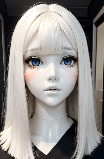 white mannequin doll(my face color is pure white　my eye color is black　i&#39;おっぱi&#39;m pure white　i have dark hair　i have straight hair with bangs　I have a long face)　deep kiss on computer