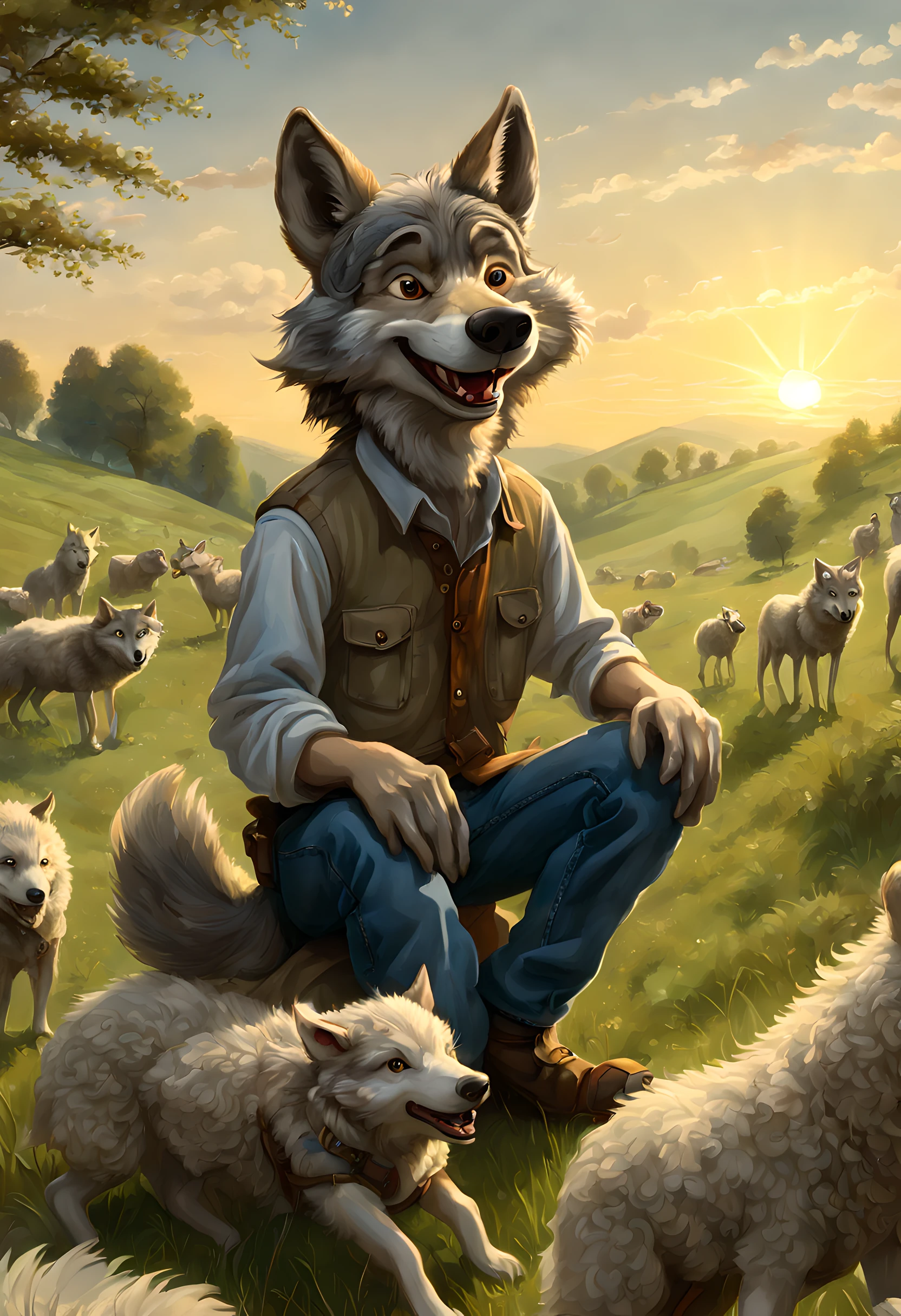 a picture of an (anthropomorphic wolf: 1.4) herding sheep in the meadows, an anthropomorphic wolf, wearing ref shirt, blue jeans, sitting on the hill, smiling watching the sheep in the meadows, its dawn, the sun is rising, (best quality)), ((masterpiece)), (detailed), perfect face