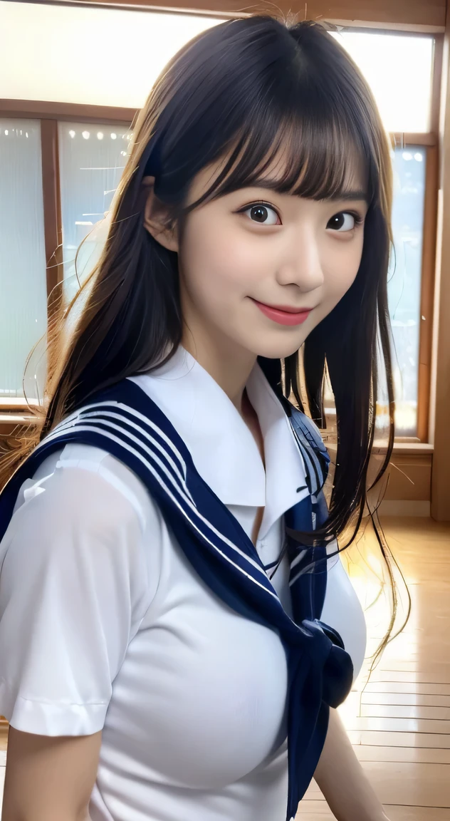 (((Draw only one woman: 2))), Beautiful 18 year old Japan woman, (A high school girl wearing a sailor uniform with short sleeves and a ribbon: 1.5), (Japan strict girls' school sailor uniform), ((Body Fit Sailor Suit:1.5)), ((Big in uniform&#39;tome&#39;it will explode:1.5)), ( High school girl sitting on a pew in church: 1.2), (Beautiful and elaborate stained glass on the background: 1.5), ((1screen)), in 8K, RAW shot, top quality photo, masutepiece, Amazing realism photos, (lighting like a movie:1.5), ((Anatomically correct proportions: 1.5)), ((perfectly proportions)), (Cute woman like an idol in Japan:1.5), Detailed face, Detailed eyes, Narrow Nose, Detailed skin, (Beautiful long hair: 1.5), (Transparent bangs:1.5), {{facial close-up:1.5}}, (ssmile:1.2), (Angle from the side)