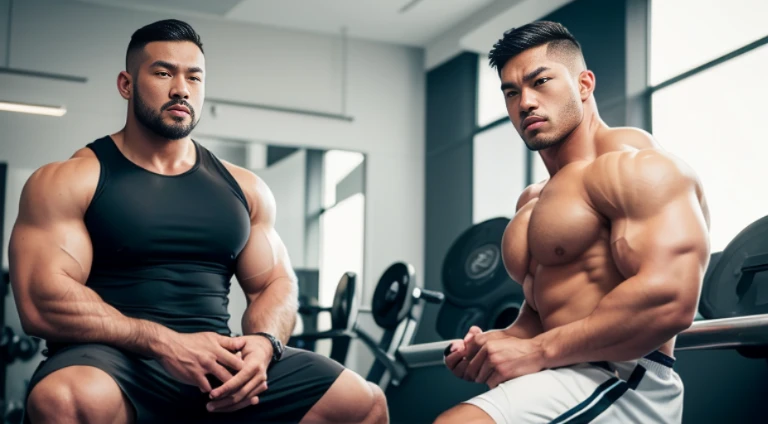 (Very detailed 8k wallpaper), two asian men, muscle worship, arms folded, At the gym, high detailing, buzzcut, very large and strong body, bulging muscles, well-muscled, very large pectoral muscles. Very sexy abs, legs are well-muscledの, Toned figure, lightens oily skin, well-muscledの, Tank top, T-shirt, longshot, Wide Shot