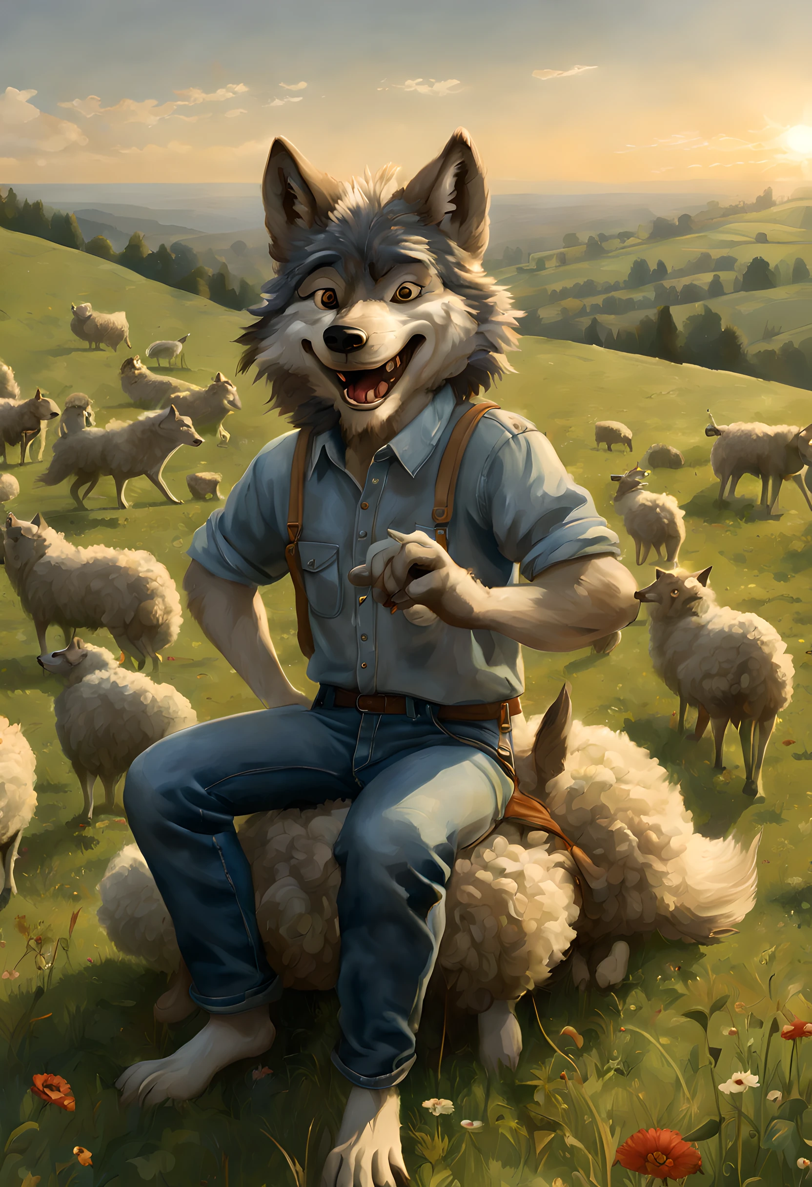 a picture of an (anthropomorphic wolf: 1.4) herding sheep in the meadows, an anthropomorphic wolf, wearing ref shirt, blue jeans, sitting on the hill, smiling watching the sheep in the meadows, its dawn, the sun is rising, (best quality)), ((masterpiece)), (detailed), perfect face