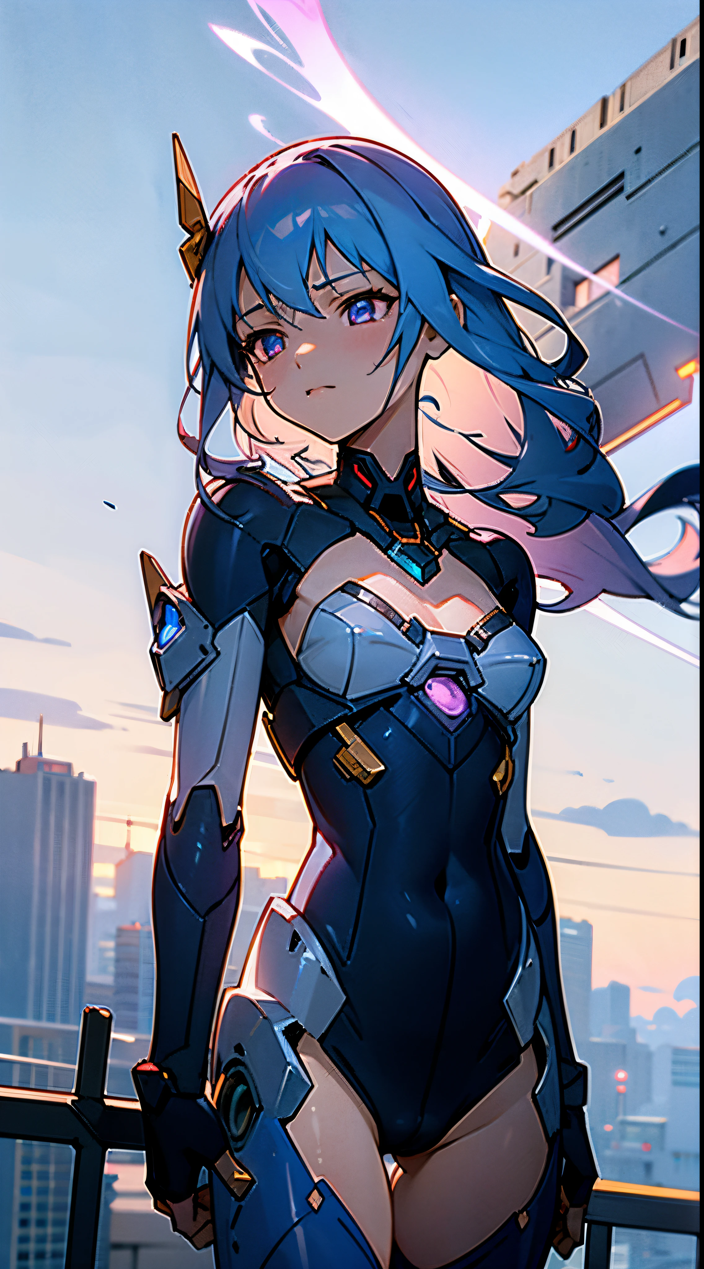 High Definition, skyporn, Super cute girl, Clouds, Spear weapons, blazing, cutting edge girl robot, building, Glowing eyes, cutting edge mechanics, Science fiction, city, Real, blue main mech, Chest core,Like Poseidon,
