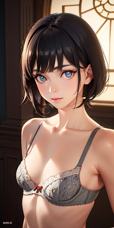 baby face, small breasts, short black hair, (photorealistic:1.4), (masterpiece, sidelights, exquisite beautiful eyes: 1.2), masterpiece*portrait, realistic, 3D face,kawaii kao, glowing eyes, shiny hair, shiny skin, solo, (abdomen),small bra