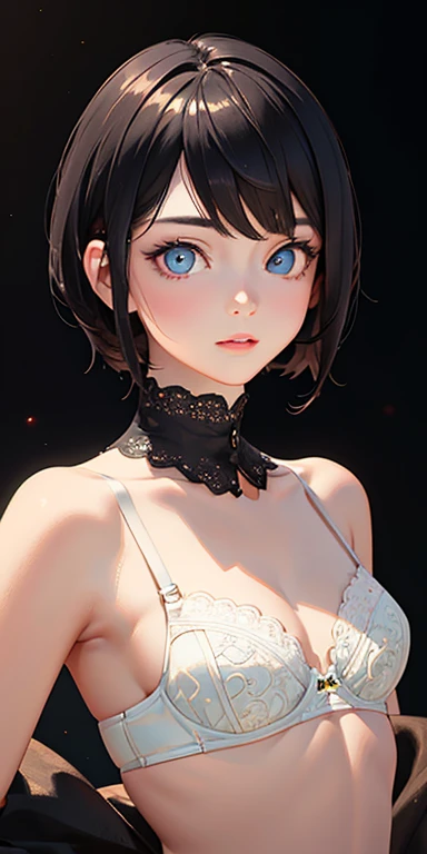 baby face, small breasts, short black hair, (photorealistic:1.4), (masterpiece, sidelights, exquisite beautiful eyes: 1.2), masterpiece*portrait, realistic, 3D face,kawaii face, glowing eyes, shiny hair, shiny skin, solo,  (abdomen),small bra without shoulder straps