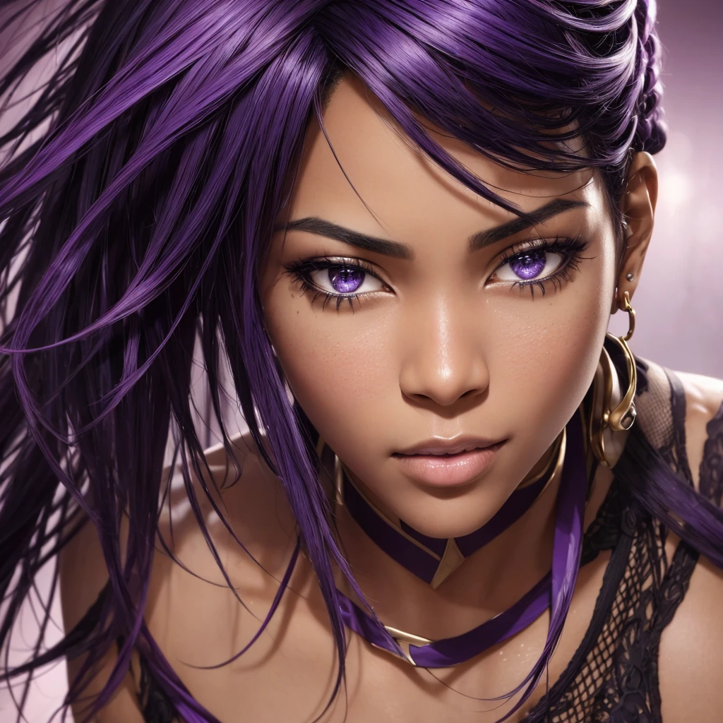 Photorealistic portrait of incredibly beautiful African woman, purple and black hair, alluring athletic woman, perfect face, perfect eyes, glamorous. intricate details, HDR, beautifully shot, hyperrealistic, sharp focus, 64 megapixels, perfect composition, high contrast, cinematic, atmospheric, moody