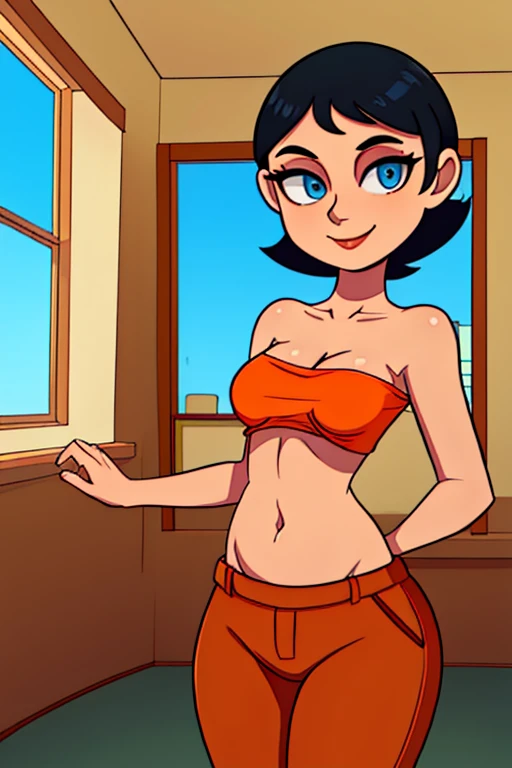 keane, short black hair, blue eyes, in front,
Strapless orange shirt, belly button brown pants, hips,
,smile, upper body, cleavage, cameltoe,
solo, classroom, ,window,
(insanely detailed, beautiful detailed face, beautiful detailed eyes, masterpiece, best quality),
