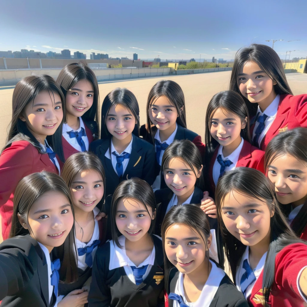 Raw photo、(((multiple girls))),((((6+girls)))),((((1000girls)))),(((10000girls)))、((((100000 girls))))、Women only、The same face、((matching school uniform))、(((Adhesion)))、12 years old、Long black hair、10,000 cute girls going to school、a smile、Commuting to school、School route、In the street、selfee、same person、(((A large group of people filling the area)))、(((A large group filling the horizon)))、a junior high school student