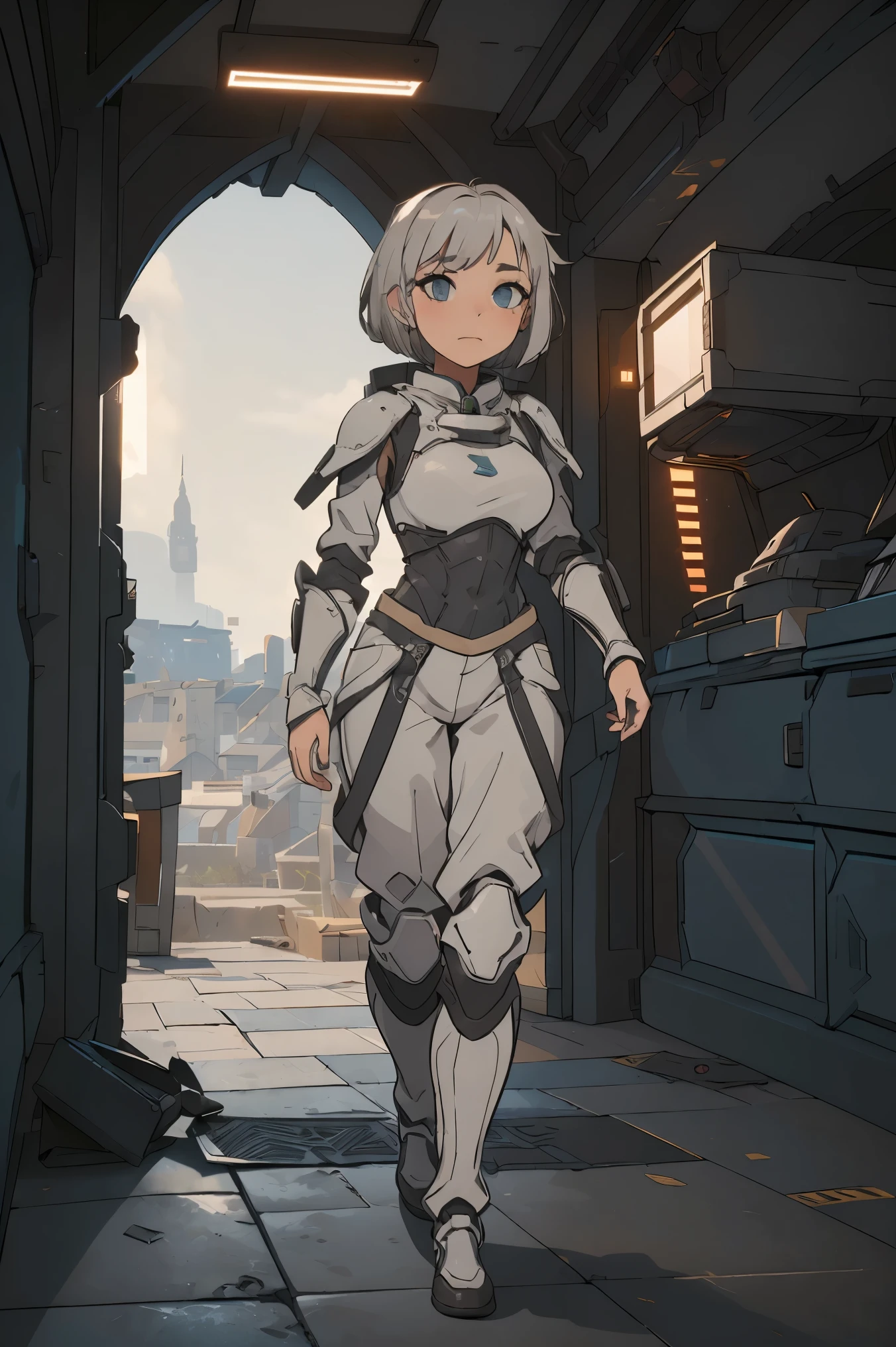 (((masterpiece))), (((best quality))), ((ultra-detailed)), (cinematic lighting), (illustration), (beautiful detailed eyes), (1girl), full body, space, knight, armour, light hair, skirt, walking, medieval city, lasers, best quality, expressive eyes, perfect face, Girl: (20s, white hair, short hair, grey jumpsuit, silver armour),