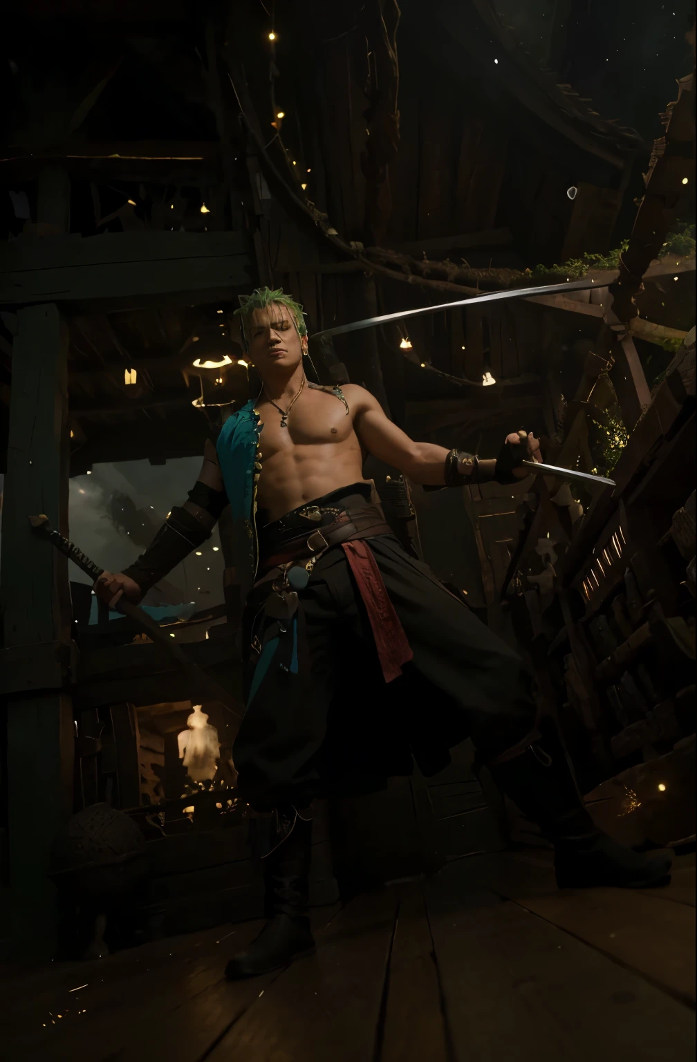 (Best quality, 8k, 32k, Masterpiece, UHD:1.2) "Transform the image into Skypeia from the One Piece series. Envision the floating island, showcasing its unique architecture, lush landscapes, and diverse inhabitants. Capture the sense of adventure and wonder present in the Skypeia realm, featuring its signature elements like the Milky Road, Angel Island, and the Skypiean culture. Utilize vibrant colors and intricate details to convey the fantastical nature of this mystical place, bringing forth the whimsical and captivating essence of the Skypeia setting." pirate ship, zoro, holding swords, Zoro, swords, pirates