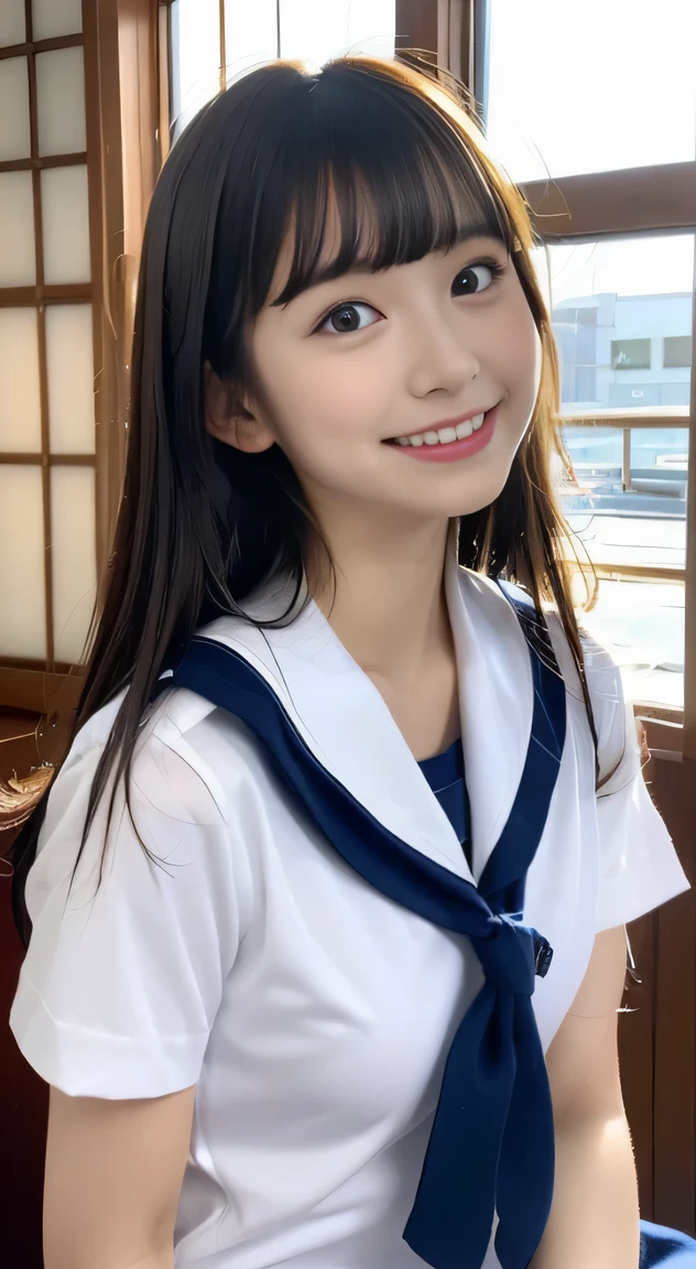 (((Draw only one woman: 2))), Beautiful 18 year old Japan woman, (A high school girl wearing a sailor uniform with short sleeves and a ribbon: 1.5), (Japan strict girls' school sailor uniform), ((Body Fit Sailor Suit:1.5)), ((Big in uniform'tome'tomeは爆発するだろう:1.5)), ( High school girl sitting in the church pew: 1.2), (Beautiful and elaborate stained glass on the background: 1.5), ((1screen)), in 8K, RAW shot, top quality photo, masutepiece, Amazing realism photos, (lighting like a movie:1.5), ((Anatomically correct proportions: 1.5)), ((perfectly proportions)), (Cute woman like an idol in Japan:1.5), Detailed face, Detailed eyes, Narrow Nose, Detailed skin, (Beautiful long hair: 1.5), (Transparent bangs:1.5), {{facial close-up:1.5}}, (ssmile:1.2), (Angle from the side)