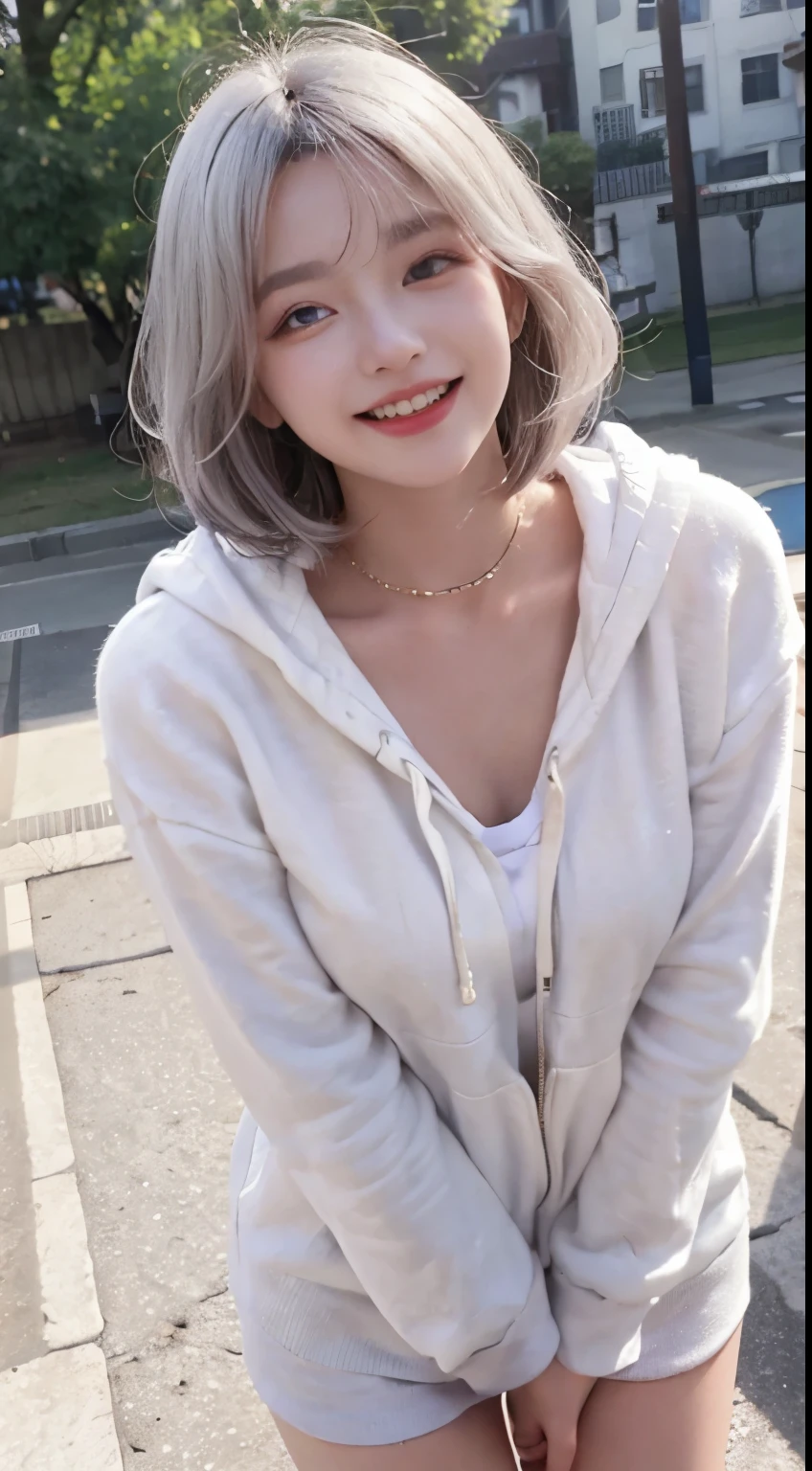 Top image quality、Raw photography、超A high resolution、21-year-old Korean、small tits、Dynamic angles、Cowboy Shots、The most beautiful forms chaos、elegent、Brutalist design、vivd colour、Beautiful white hair、a short bob、Laugh、happily laughing、smil、shiny white skin、Beautiful eyes with random colors、Very beautiful eyes down to the details、elongated eyes、thin lipss、pale pink blush、long eyeslashes、beautiful double eyelid、eyeshadows、a park、Overall、Shot diagonally from above、Big Black Hoodie、