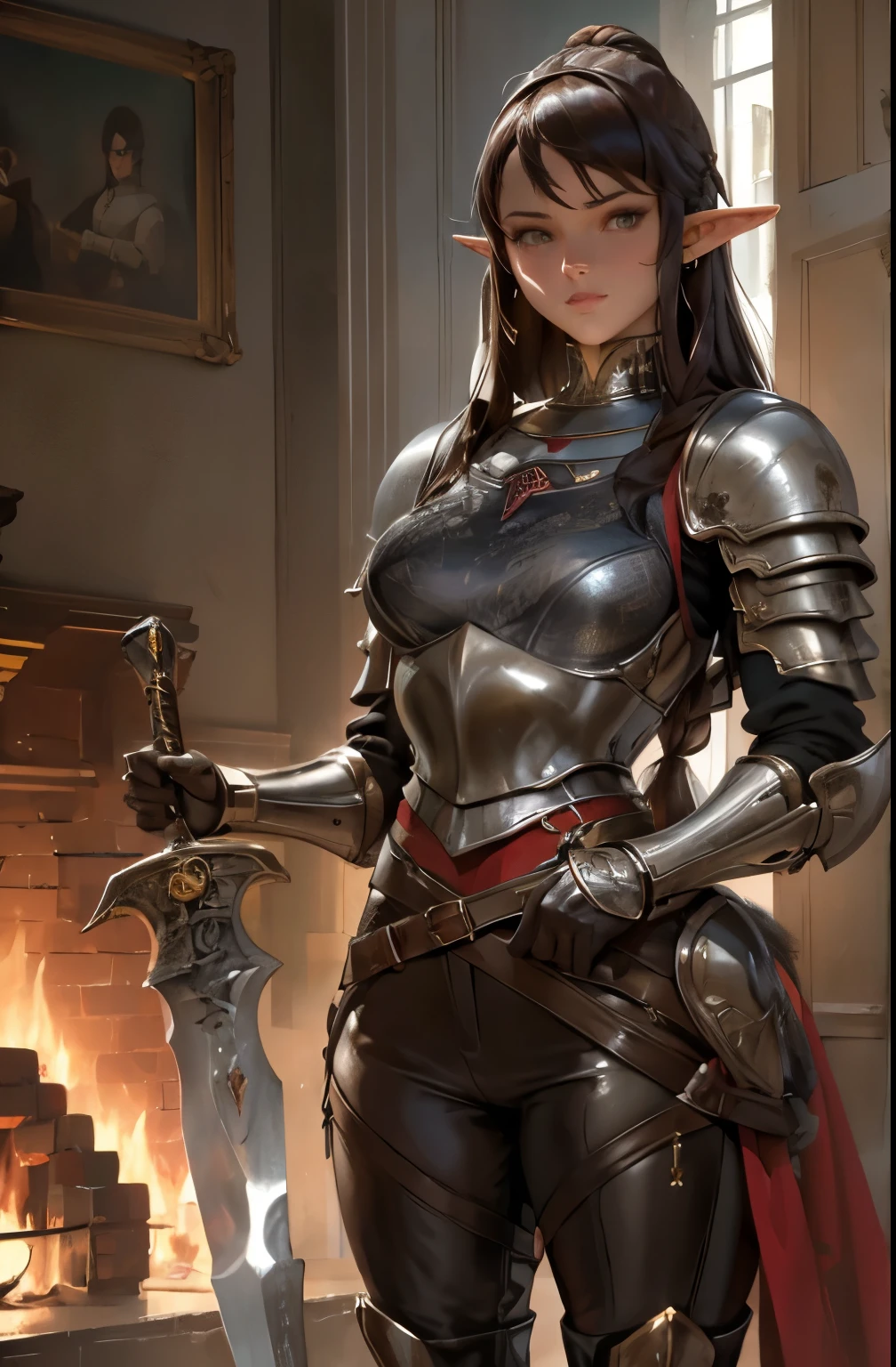 masterpiece, high quality, 1 girl, mature woman, alone, standing pose, oil painting, front view, muscular body, free arms, ((detailed hands)), detailed face, correct anatomy, adventurer clothes, elf, a woman wearing (full plate armor),holding axe,((chest armor)),power armor, wearing edgHalo_armor,brown boots,red tunic,free arms, fur coat, Brown pants,brown hair, braid, green eyes, white skin, sakimichan art style, zumi draws art style, no background, white background