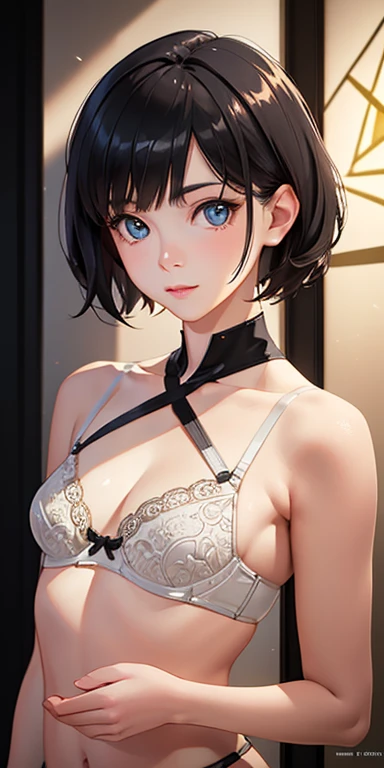 baby face, small breasts, short black hair, (photorealistic:1.4), (masterpiece, sidelights, exquisite beautiful eyes: 1.2), masterpiece*portrait, realistic, 3D face,kawaii face, glowing eyes, shiny hair, shiny skin, solo, (abdomen),small bra without shoulder straps