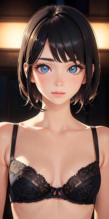 , small breasts, short black hair, (photorealistic:1.4), (masterpiece, sidelights, exquisite beautiful eyes: 1.2), masterpieceportrait, realistic, 3D face,kawaii face, glowing eyes, shiny hair, shiny skin, solo, (abdomen),small bra without shoulder straps