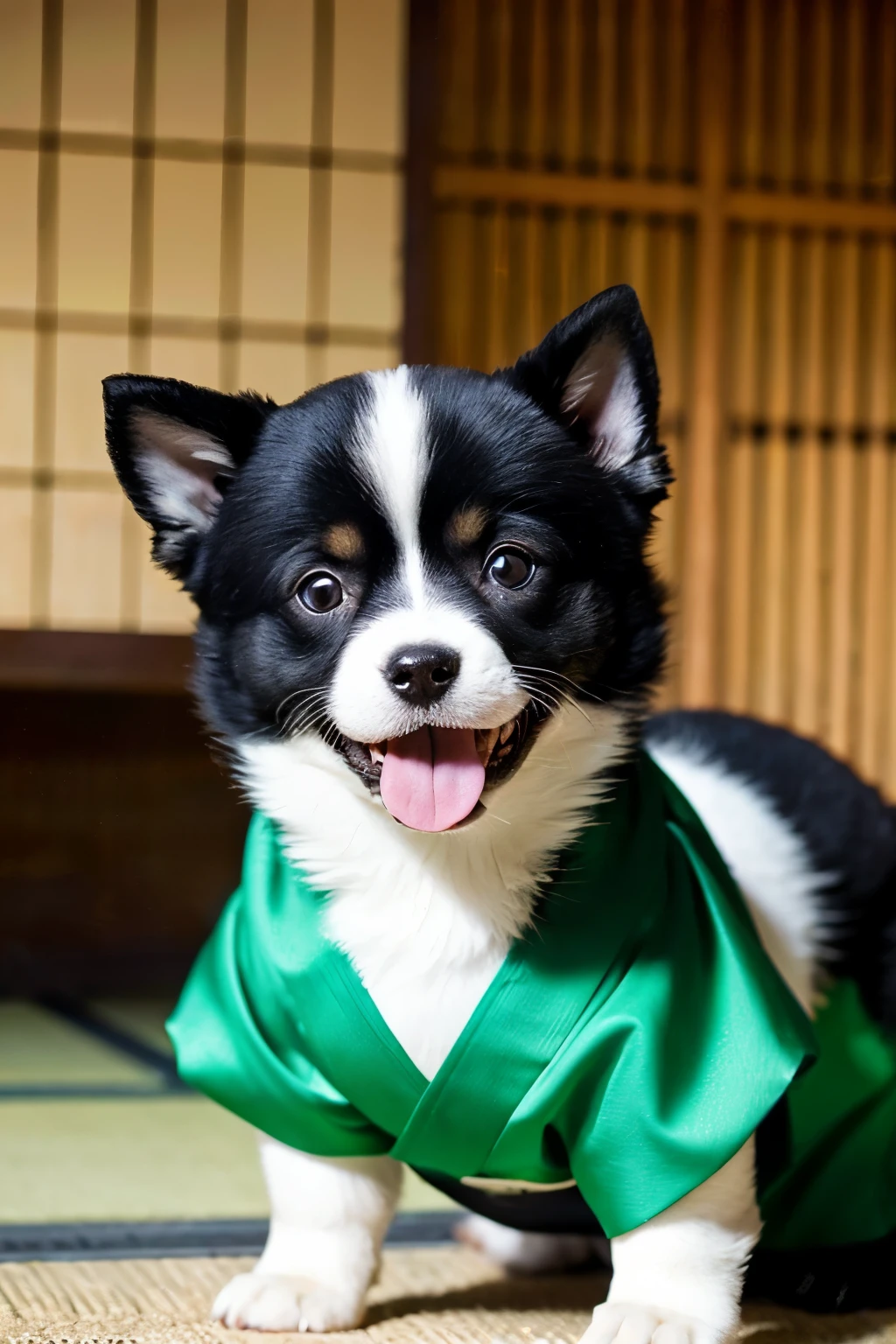 A black Shiba Inu puppy with round eyes The Shiba Inu wears a kimono The kimono is blue and green with a cute face sticking out its tongue