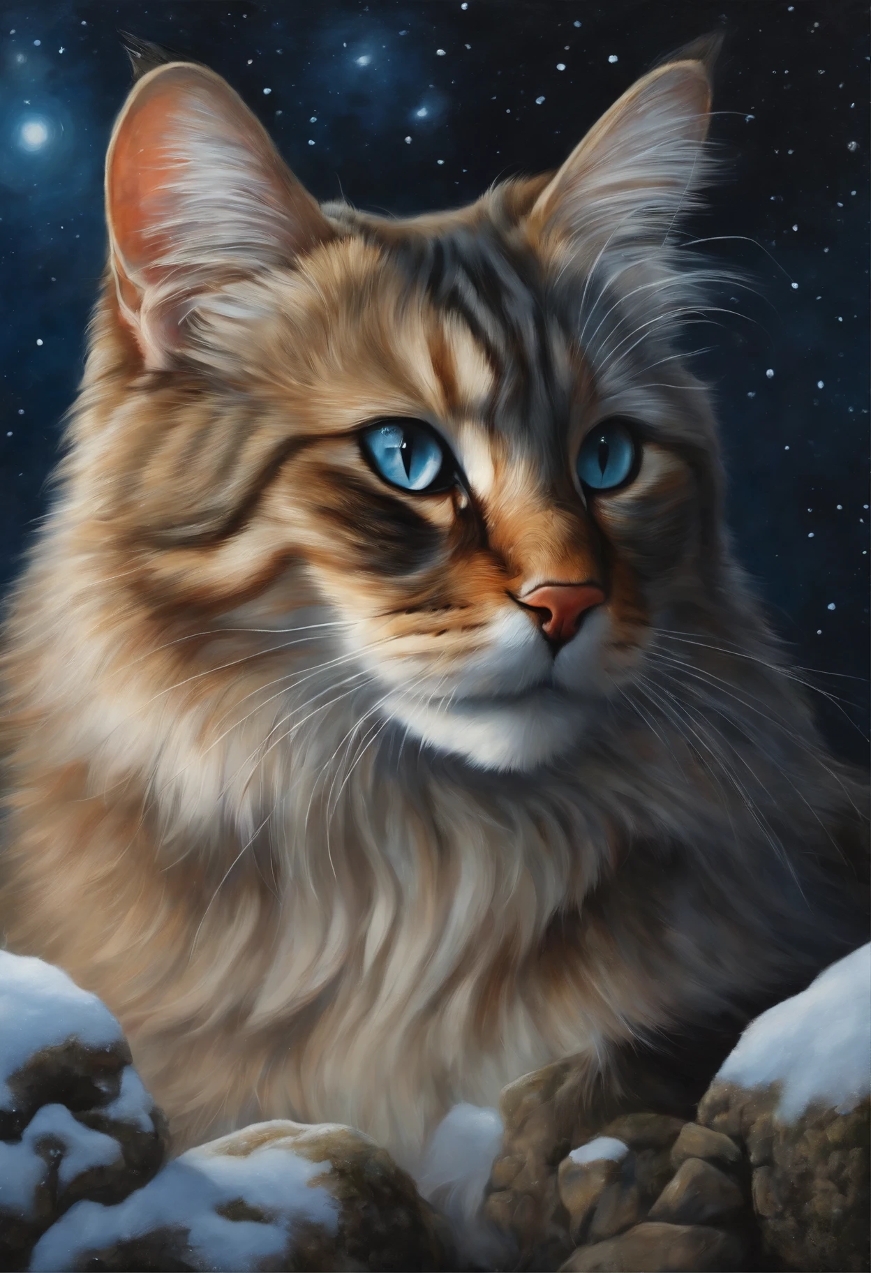 Painting with a cat, sitting on a stone in the snow, butterfly in the sky, butterflies fly into the sky, cat looks at butterflies, a starry sky, inspired Mark Keatley, Anthropomorphic large Maine, Brian Thomas, by Cynthia Sheppard, Beautiful picture of high, close portrait, magali villeneuve', Heather Theurer, Mark Keatley, Cat Portrait, Lisa Parker, Thomas Kinkade, blue siberian forest cat