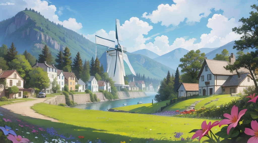 Beautiful village，Wild flowers everywhere，windmills，the trees