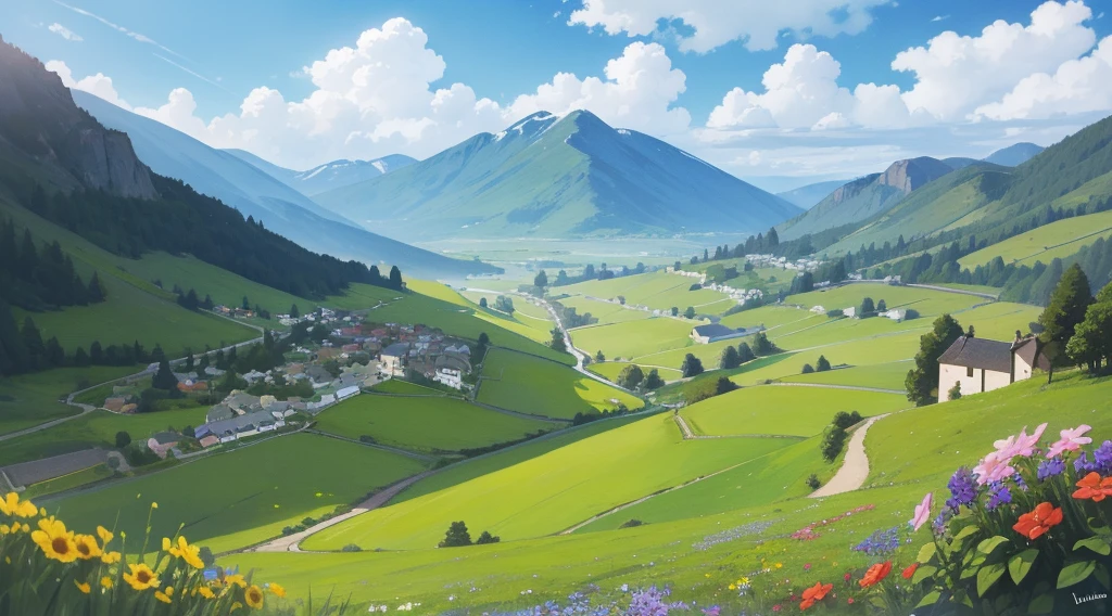 Beautiful village,Wild flowers everywhere,windmills,the trees