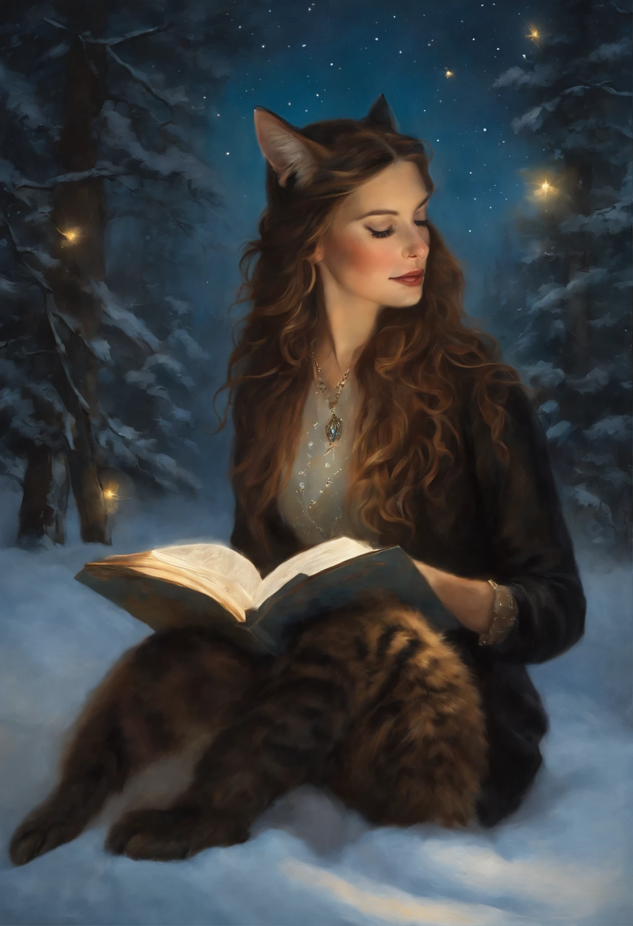 Painting with a cat, sitting on a stone in the snow, butterfly in the sky, butterflies fly into the sky, cat looks at butterflies, a starry sky, inspired Mark Keatley, Anthropomorphic large Maine, Brian Thomas, by Cynthia Sheppard, Beautiful picture of high, close portrait, magali villeneuve', Heather Theurer, Mark Keatley, Cat Portrait, Lisa Parker, Thomas Kinkade, blue siberian forest cat