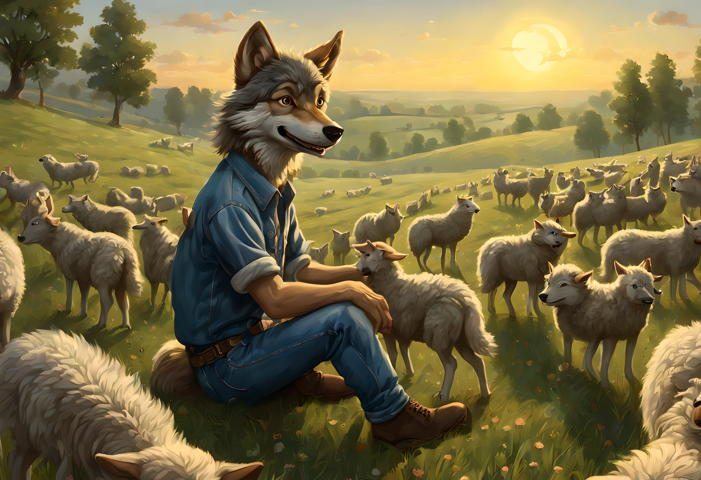 a picture of an (anthropomorphic wolf: 1.4) herding sheep in the meadows, an anthropomorphic wolf, wearing ref shirt, blue jeans, sitting on the hill, smiling watching the sheep in the meadows, its dawn, the sun is rising, (best quality)), ((masterpiece)), (detailed), perfect face
