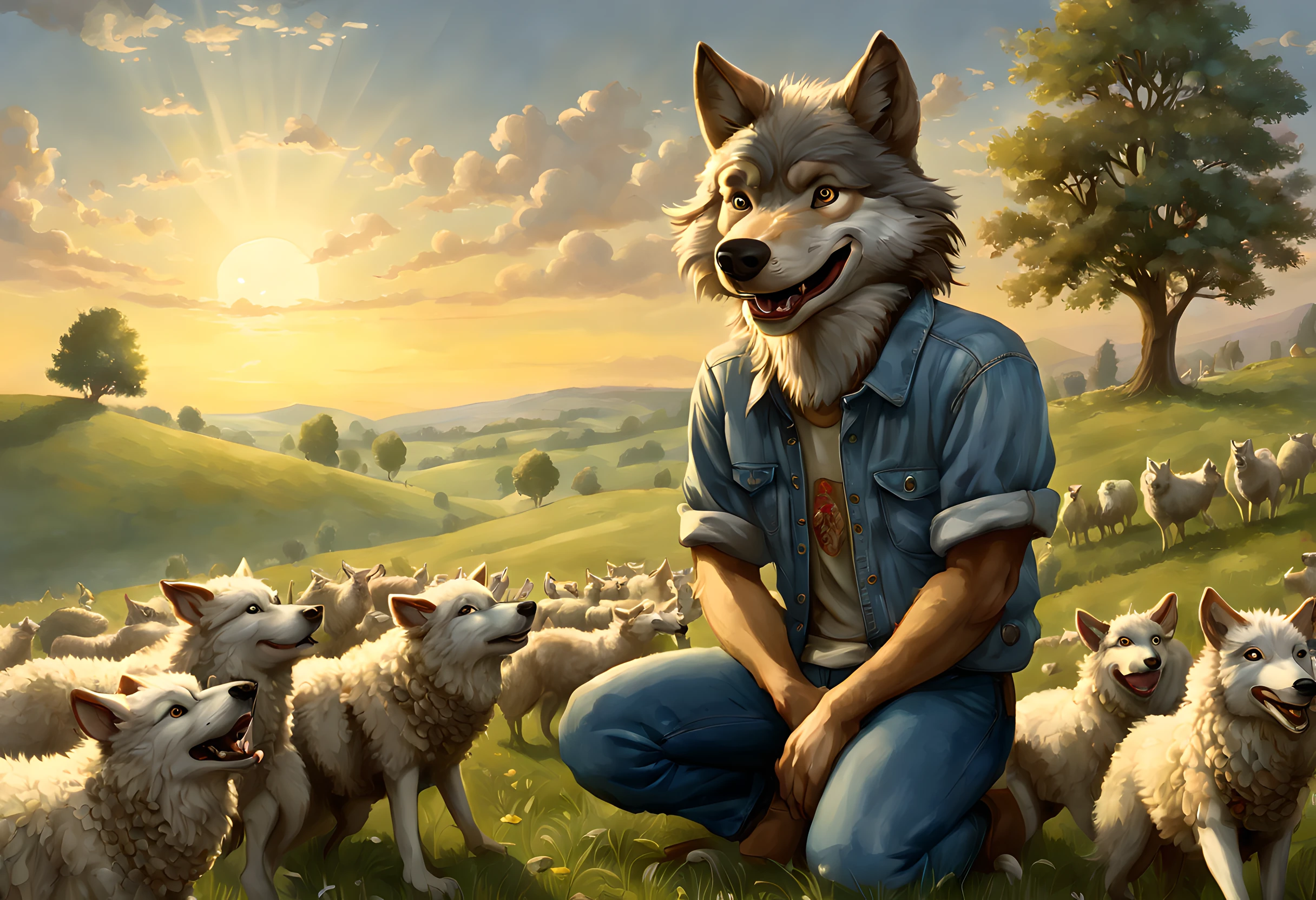 a picture of an (anthropomorphic wolf: 1.4) herding sheep in the meadows, an anthropomorphic wolf, wearing ref shirt, blue jeans, sitting on the hill, smiling watching the sheep in the meadows, its dawn, the sun is rising, (best quality)), ((masterpiece)), (detailed), perfect face