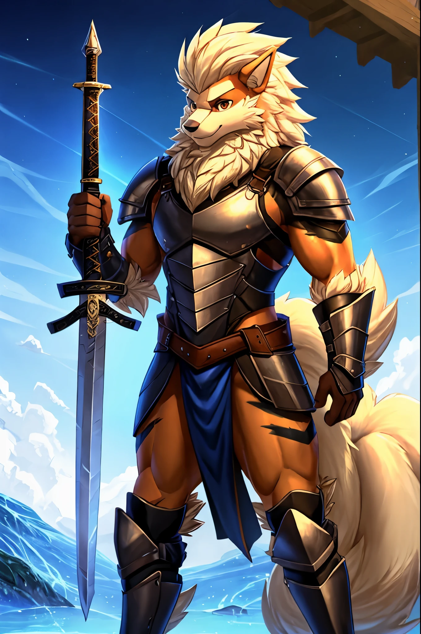 1Guy, arcanine, high res, ultrasharp, 8K, masterpiece, Armor, Sword,