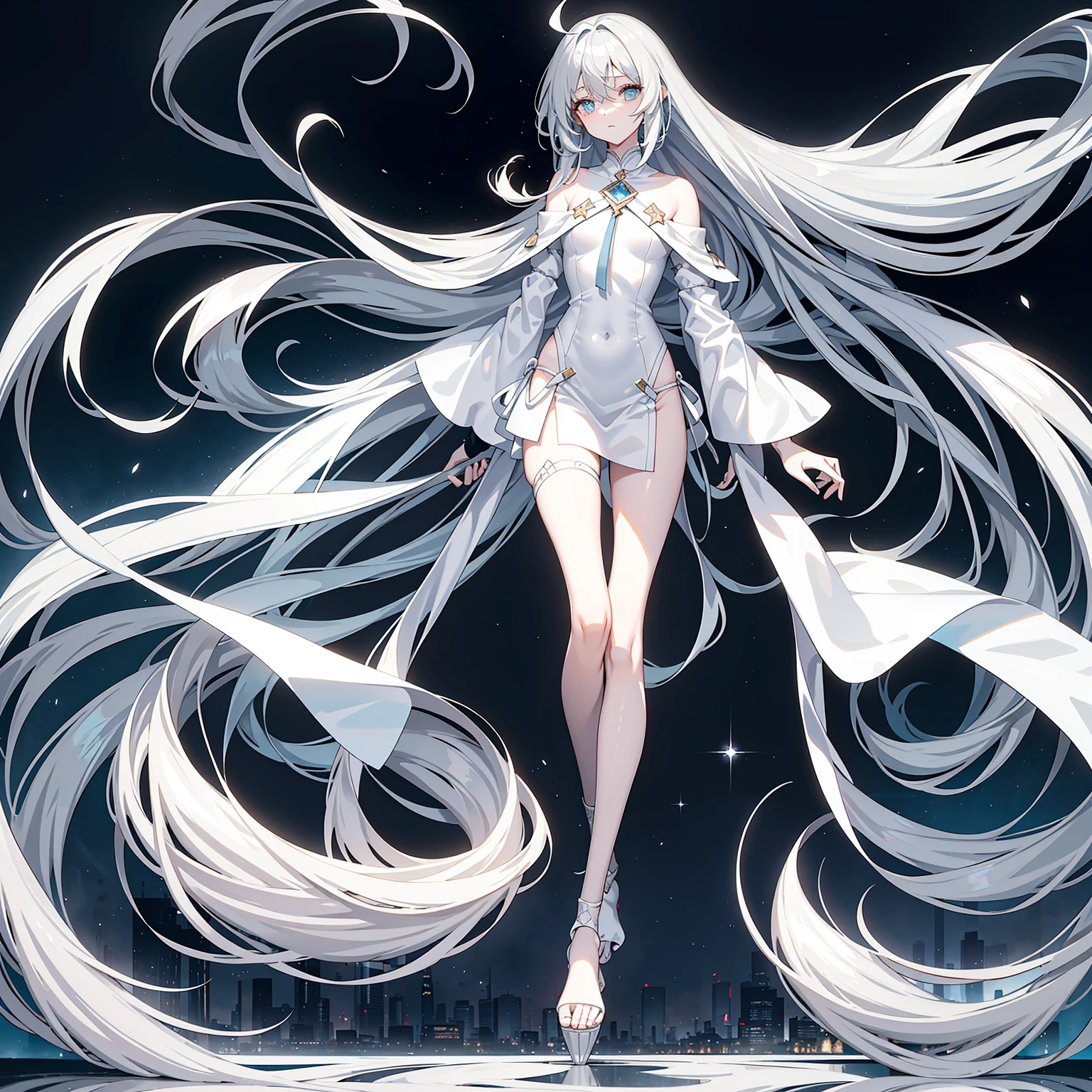 Character design, female, long white hair, wearing a short white lace dress with spaghetti straps, red eyes, small frame, very skinny, detailed, best quality, no accesoires around the neck, prominent collarbones, skinny arms, flat stomach, full body