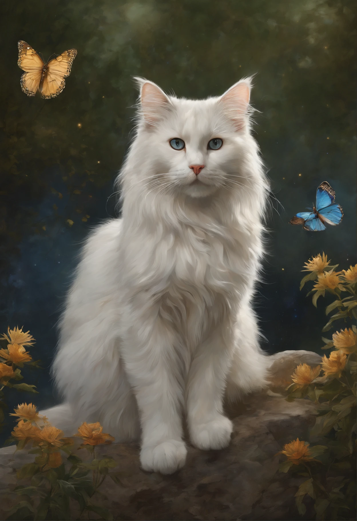 Painting with a cat, sitting on a stone in the snow, butterfly in the sky, butterflies fly into the sky, cat looks at butterflies, a starry sky, inspired Mark Keatley, Anthropomorphic large Maine, Brian Thomas, by Cynthia Sheppard, Beautiful picture of high, close portrait, magali villeneuve', Heather Theurer, Mark Keatley, Cat Portrait, Lisa Parker, Thomas Kinkade, blue siberian forest cat