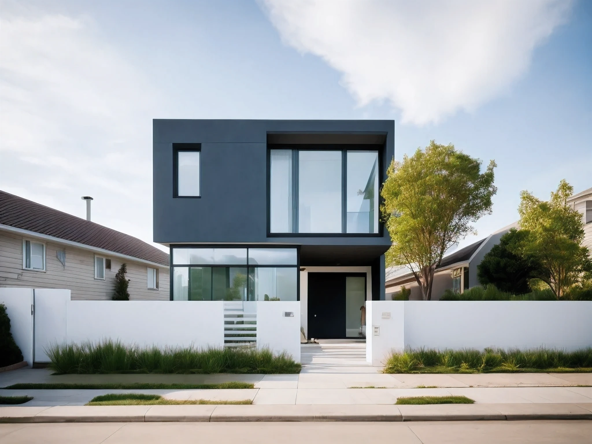 front view,building,house,glass,window,white wall,outdoors,day,blue sky,tree,grass,rock,pavement,plant,lighting,stairs,real,(realistic),photo realistic,architecture photography,highly detailed,(masterpiece),(high quality),best quality,super detailed,full detail,4k,8k,