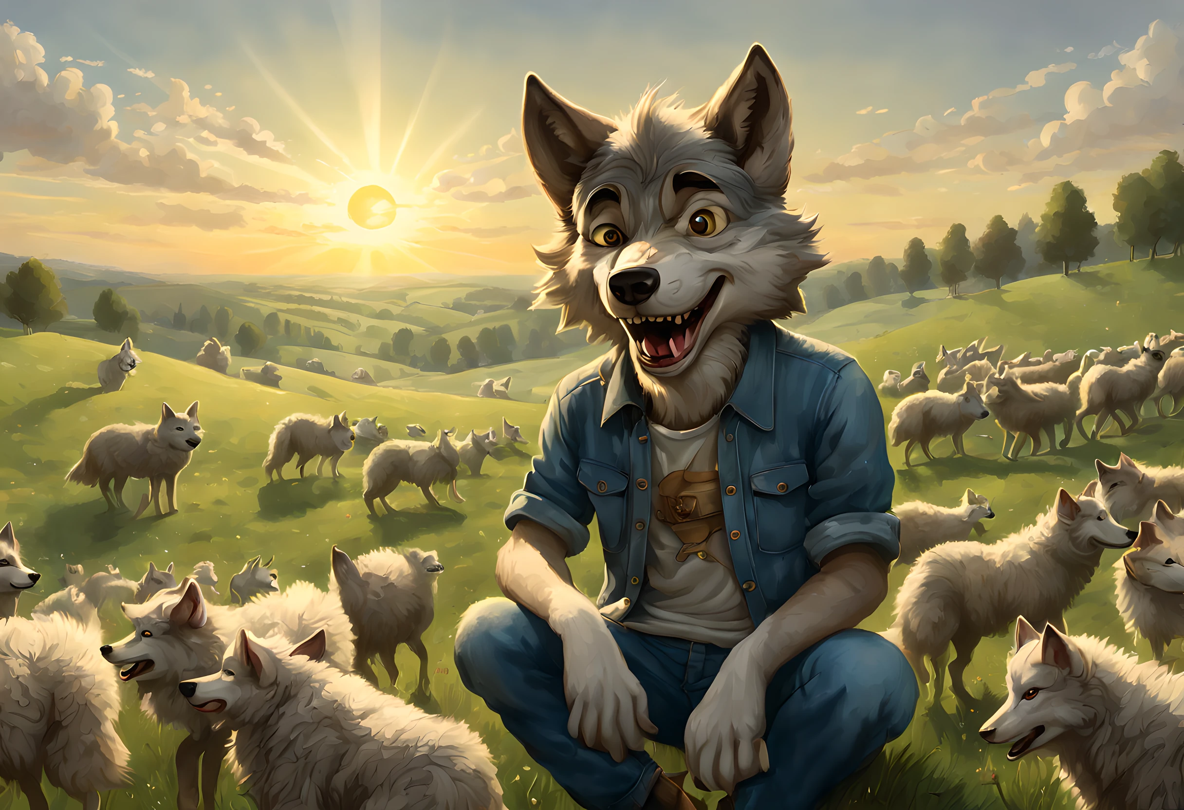 a picture of an (anthropomorphic wolf: 1.4) herding sheep in the meadows, an anthropomorphic wolf, wearing ref shirt, blue jeans, sitting on the hill, smiling watching the sheep in the meadows, its dawn, the sun is rising, (best quality)), ((masterpiece)), (detailed), perfect face