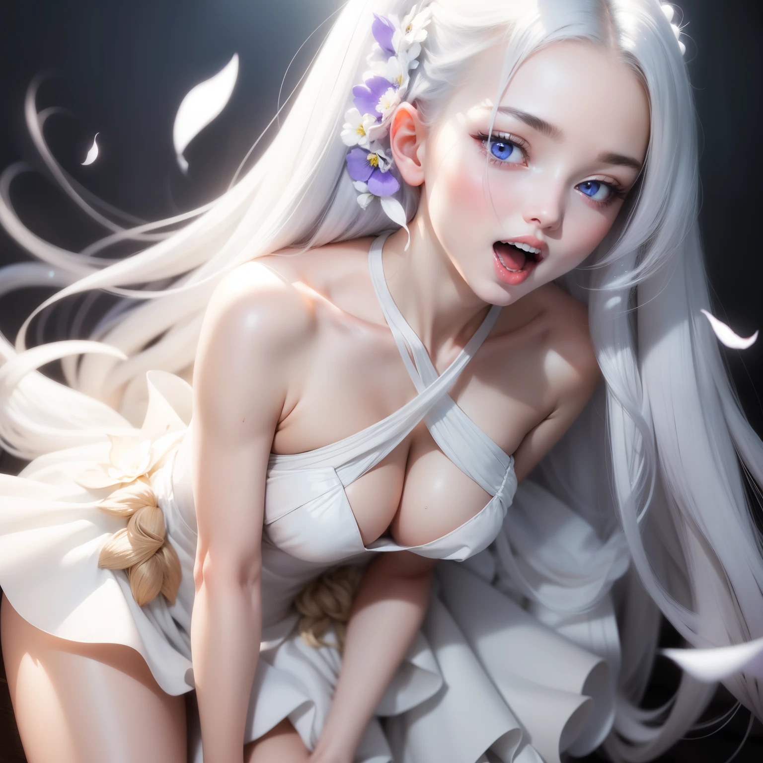 masutepiece, Superb Piece, Daytime, Indoor, Falling flowers, White Dress, 1 girl, A perfect woman, Woman with silver and white long hair, gray blue eyes, pale pink lips, Cold, Serious, Bang, Purple eyes, White clothes, black closing line, Delicate face, Exquisiteface, Standing Bow, tassels, Happiness knot, Smile, Hands behind the head,Open your crotch,Turn your face away,Reluctant face,Scream,enjoy intensely ,convulsions,urinate,soaked body,bathe in white foam,Mangli return,Touching the,Grab your chest,oral ,,oral ,,Bukkake,Draw penis