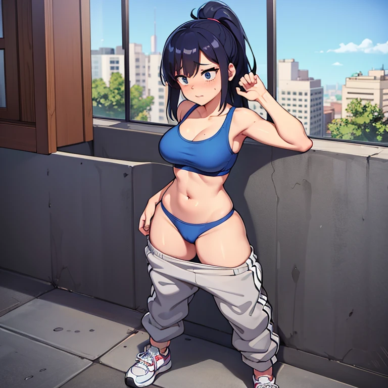 Sexy woman, blue sports bra, grey sweatpants, pants falling down, showing panties, sneakers, outside, full body, crowded city, embarassed, shy, sexy, standing