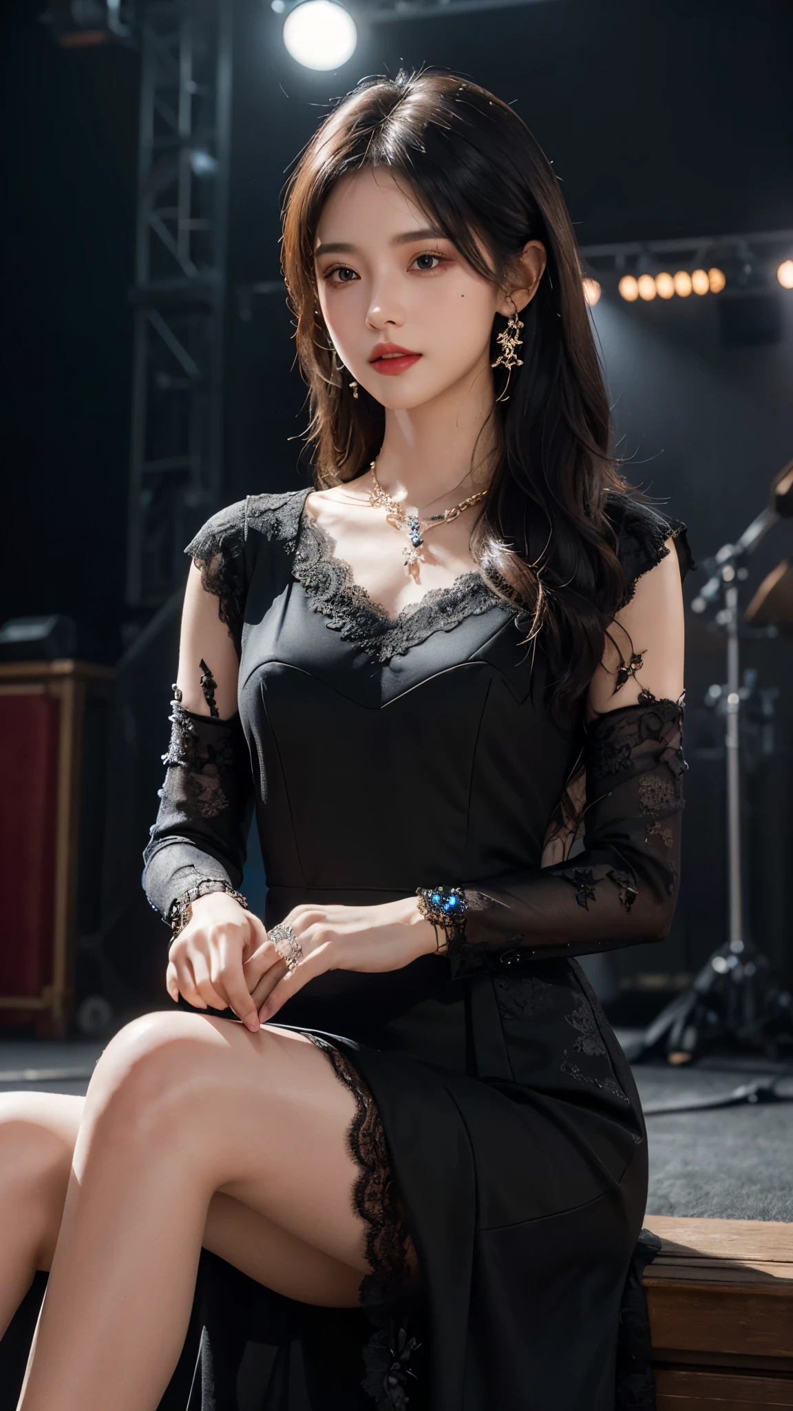 8k, masterpiece, 1 girl, beautiful face, white skin, very long hair, light makeup, detailed eyes, detailed lips, small breasts tight, realistic detailed, very detailed dress, princess dress, (black dress:1.2), (wearing jewellery:1.5), (lace:1.4), ((stage background)), sitting,