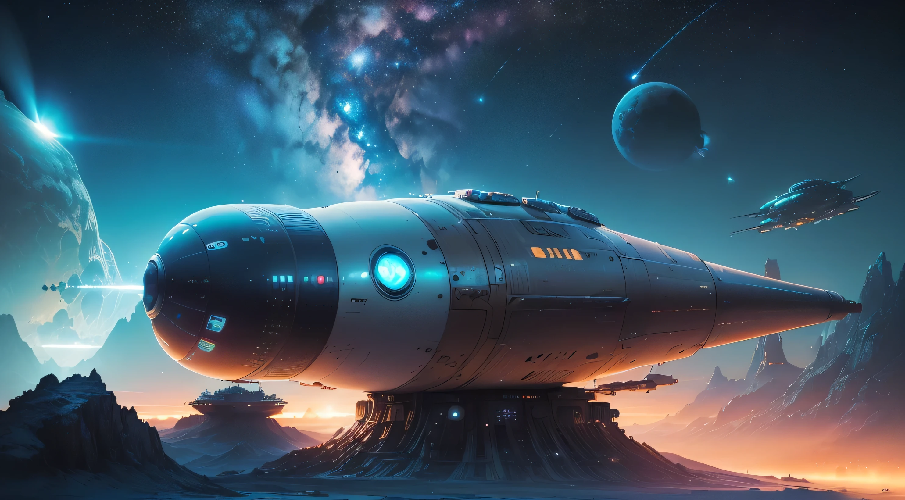 (Sci-fi theme park,Surrealist illustration,oxygen tank,space suit,Ride on a rocket,alien creatures,strange scenery,High-tech installation,virtual reality simulator,huge planets and moons,constellation,Vibrant neon lights,interstellar music,Zero gravity experience,Infinity pool,hover spaceship,Stunning views of the universe,adventurous space explorer)